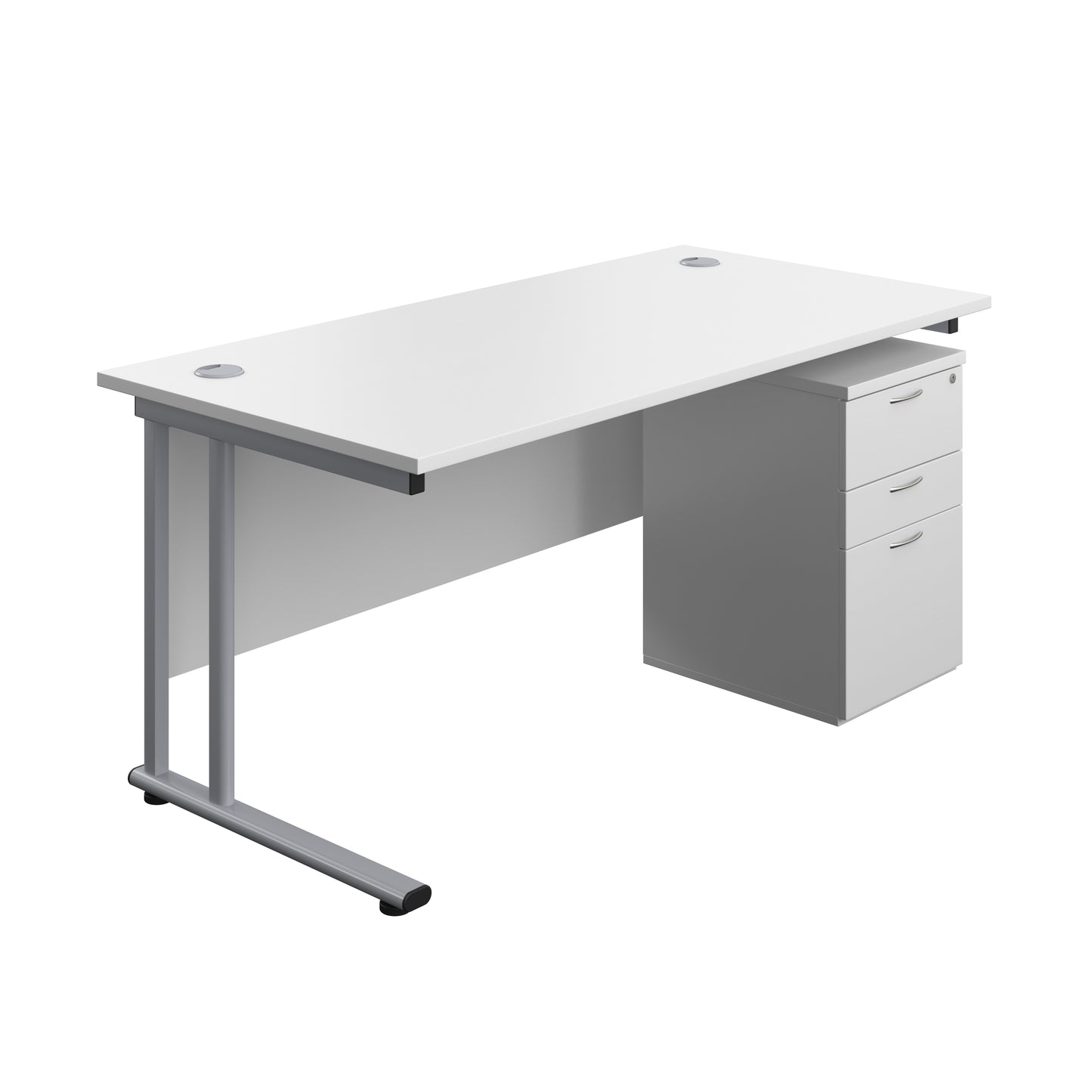 Aztec|Twin Upright|Rectangular Desk and High Mobile Pedestal 3 Drawer|1600x800|White-Silver