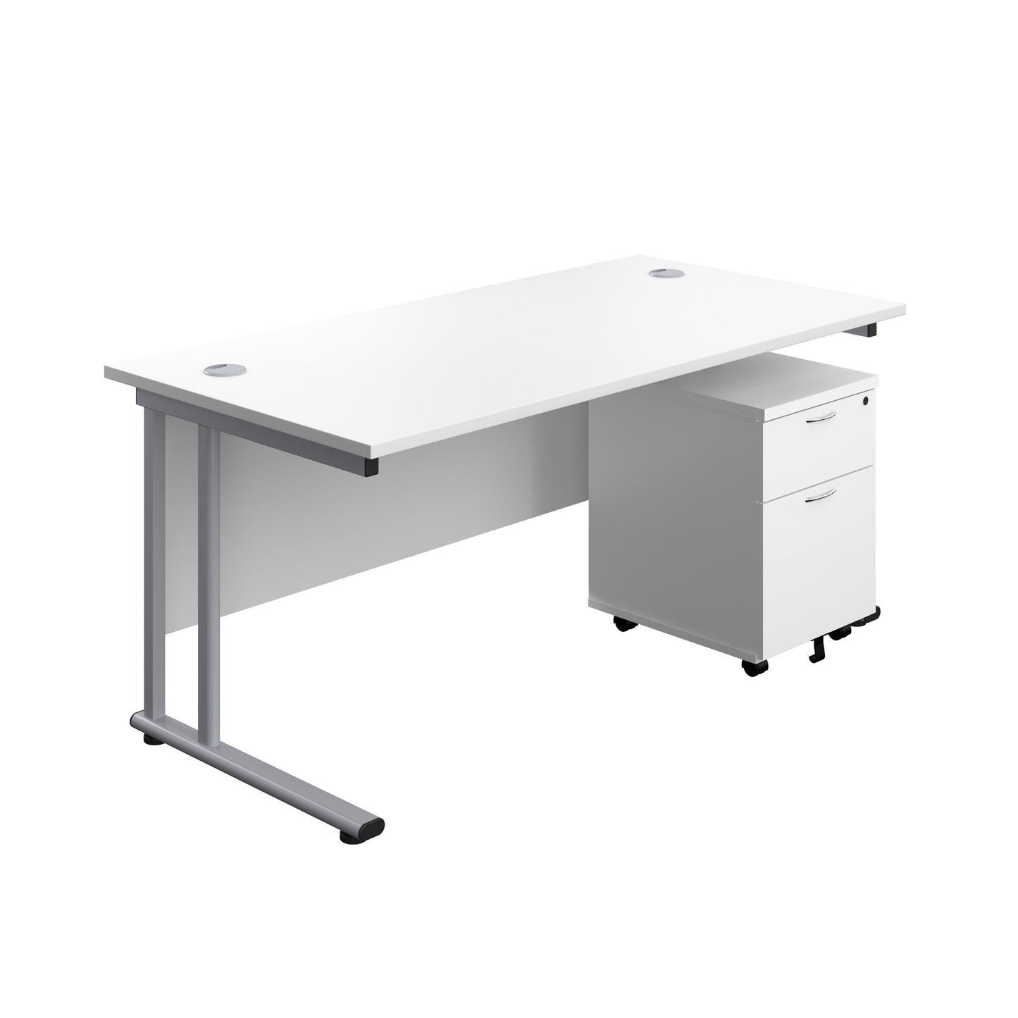 Aztec|Twin Upright|Rectangular Desk and Mobile 2 Drawer Pedestal|1600x800|White-Silver
