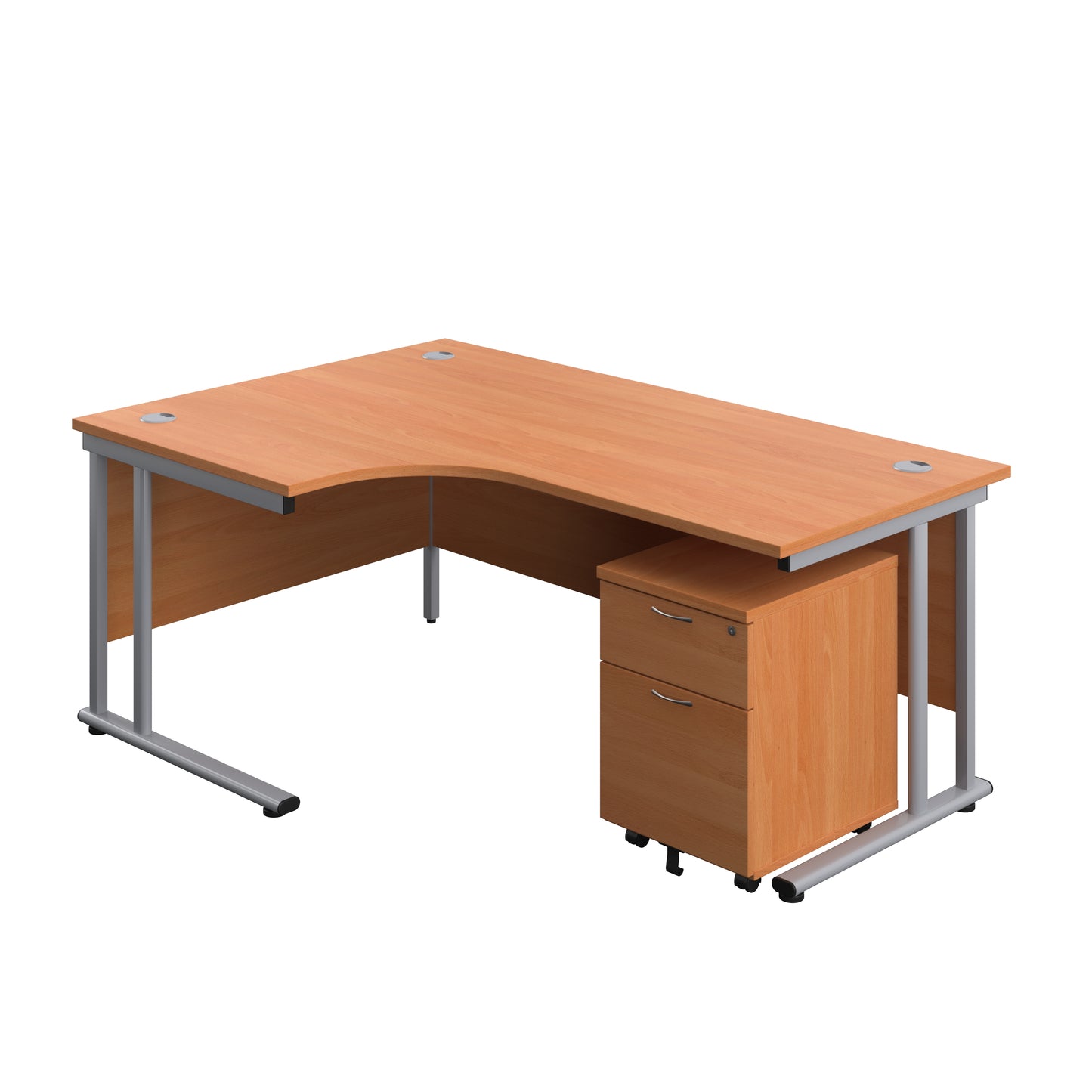 Aztec|Twin Upright|Radial Desk and Mobile 2 Drawer Pedestal|1800x1200|Beech-Silver