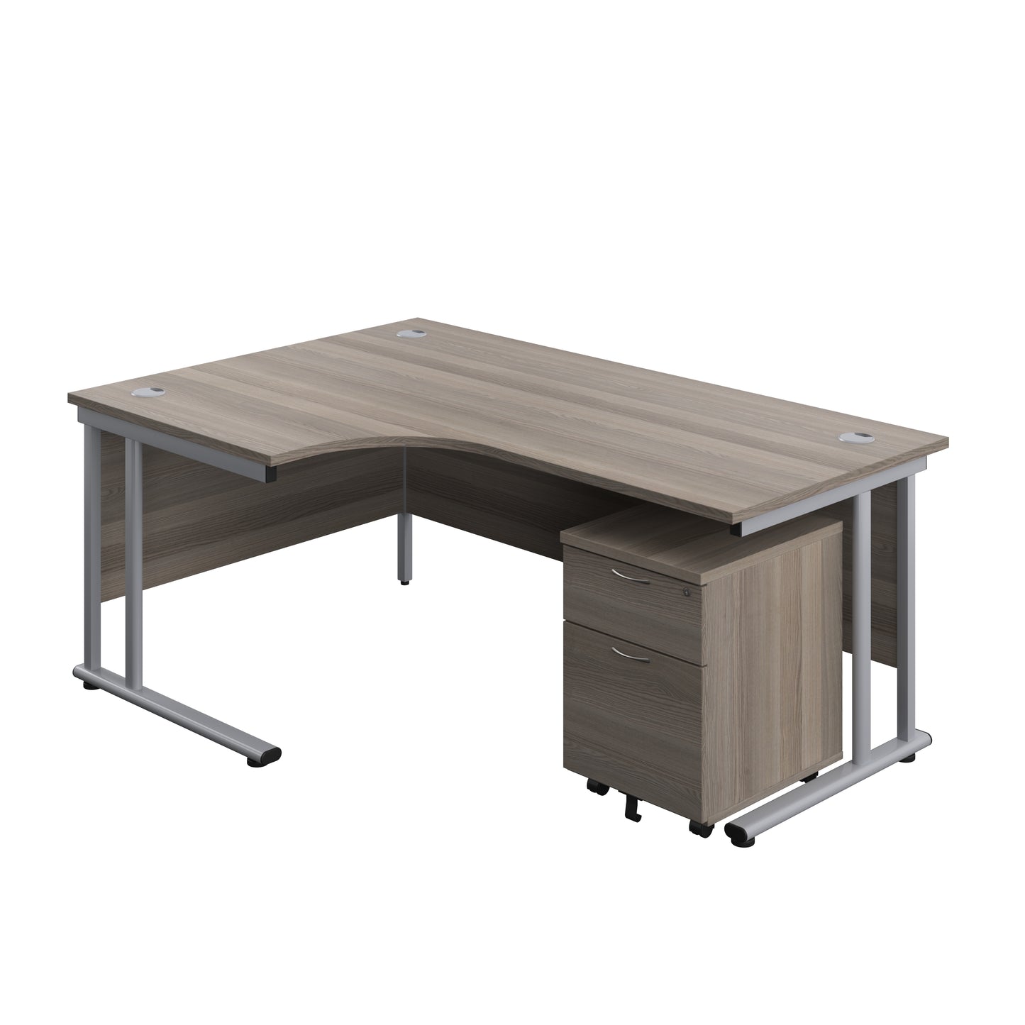 Aztec|Twin Upright|Radial Desk and Mobile 2 Drawer Pedestal|1800x1200|Grey Oak-Silver