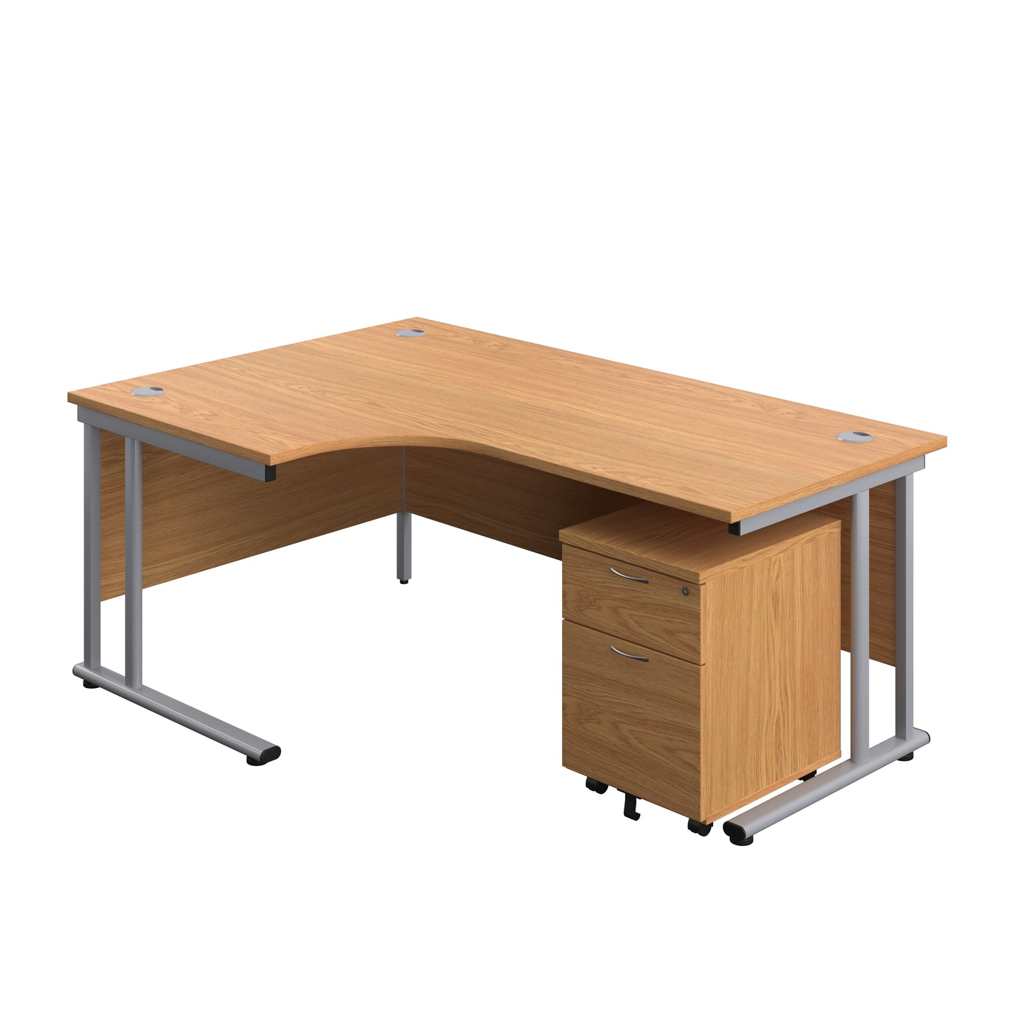 Aztec|Twin Upright|Radial Desk and Mobile 2 Drawer Pedestal|1800x1200|Nova Oak-Silver
