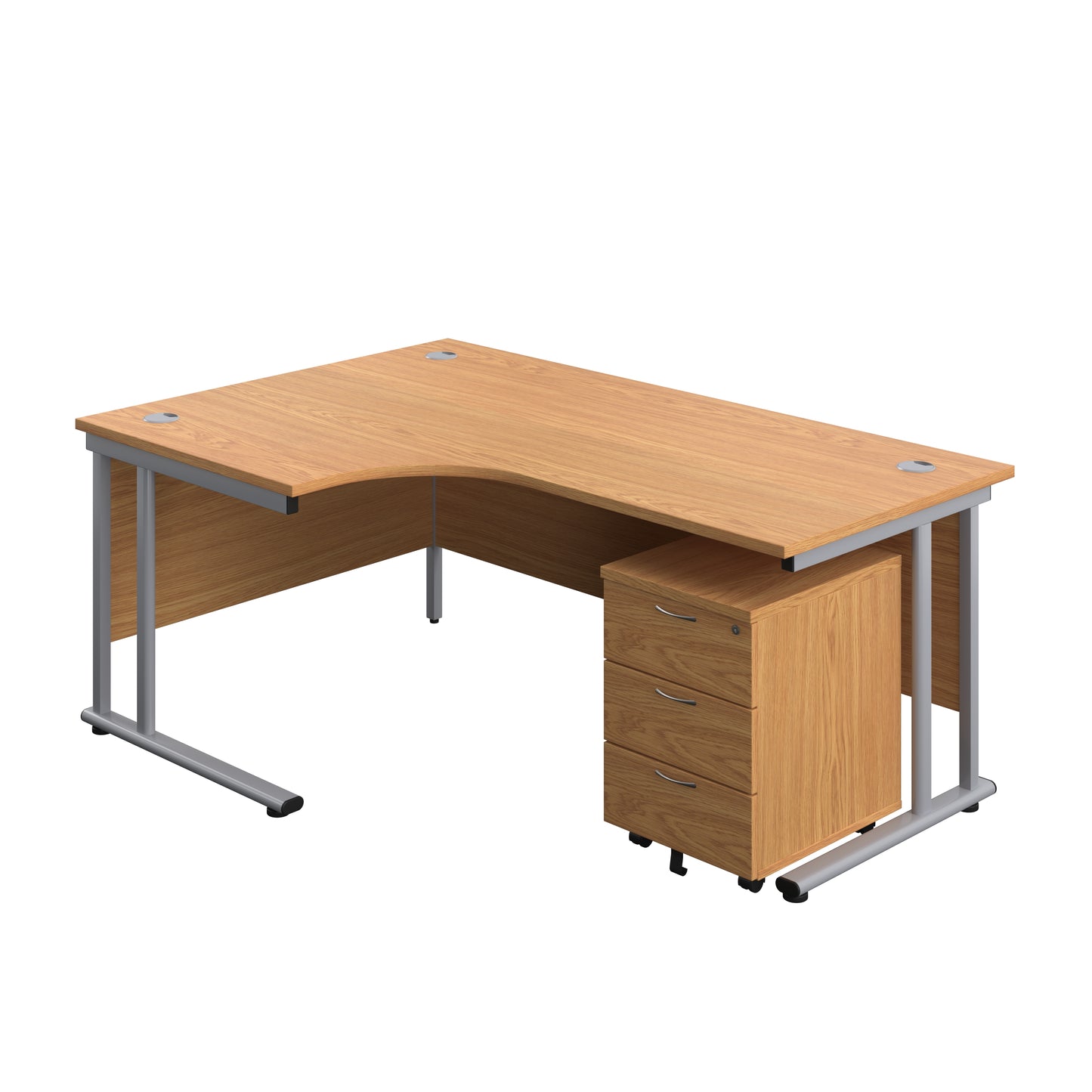 Aztec|Twin Upright|Radial Desk and Mobile 3 Drawer Pedestal|1800x1200|Nova Oak-Silver