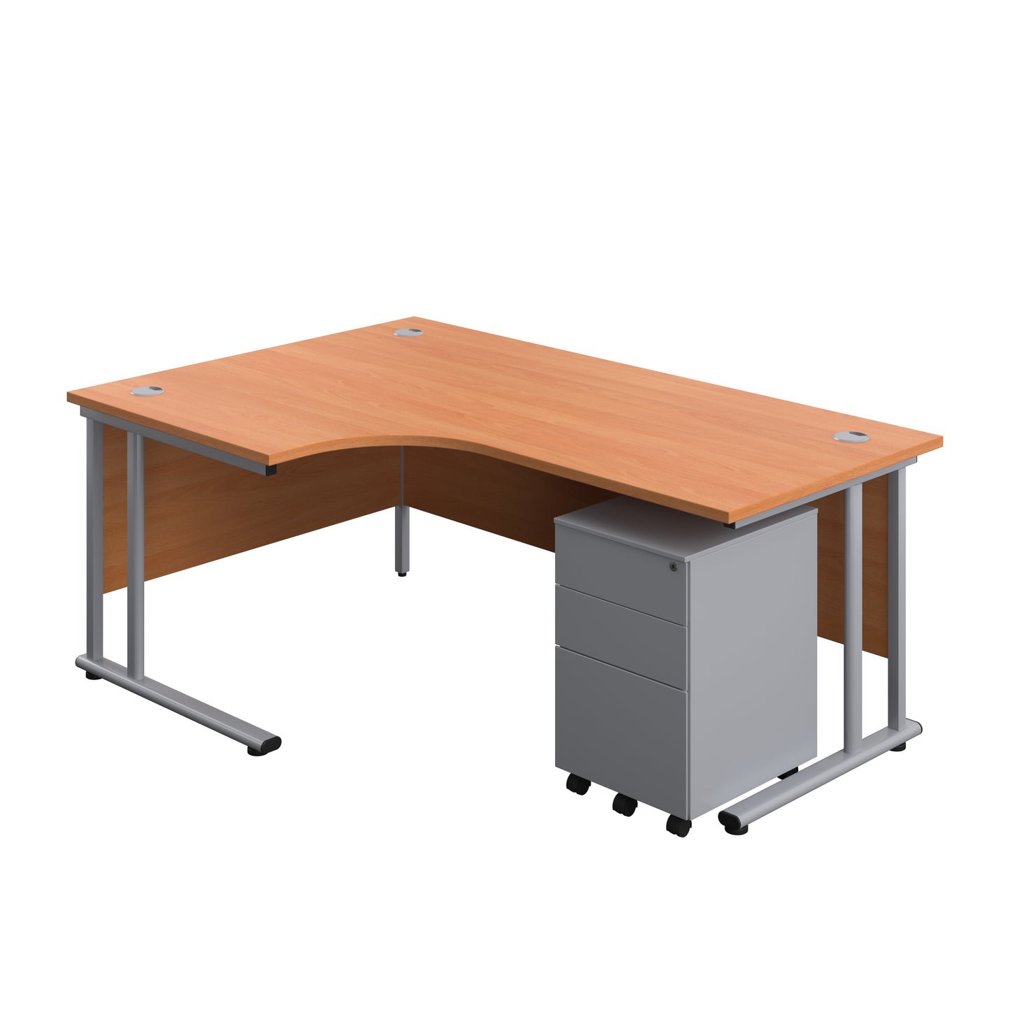 Aztec|Twin Upright|Radial Desk and Under Desk Steel Pedestal 3 Drawer|1800x1200|Beech-Silver