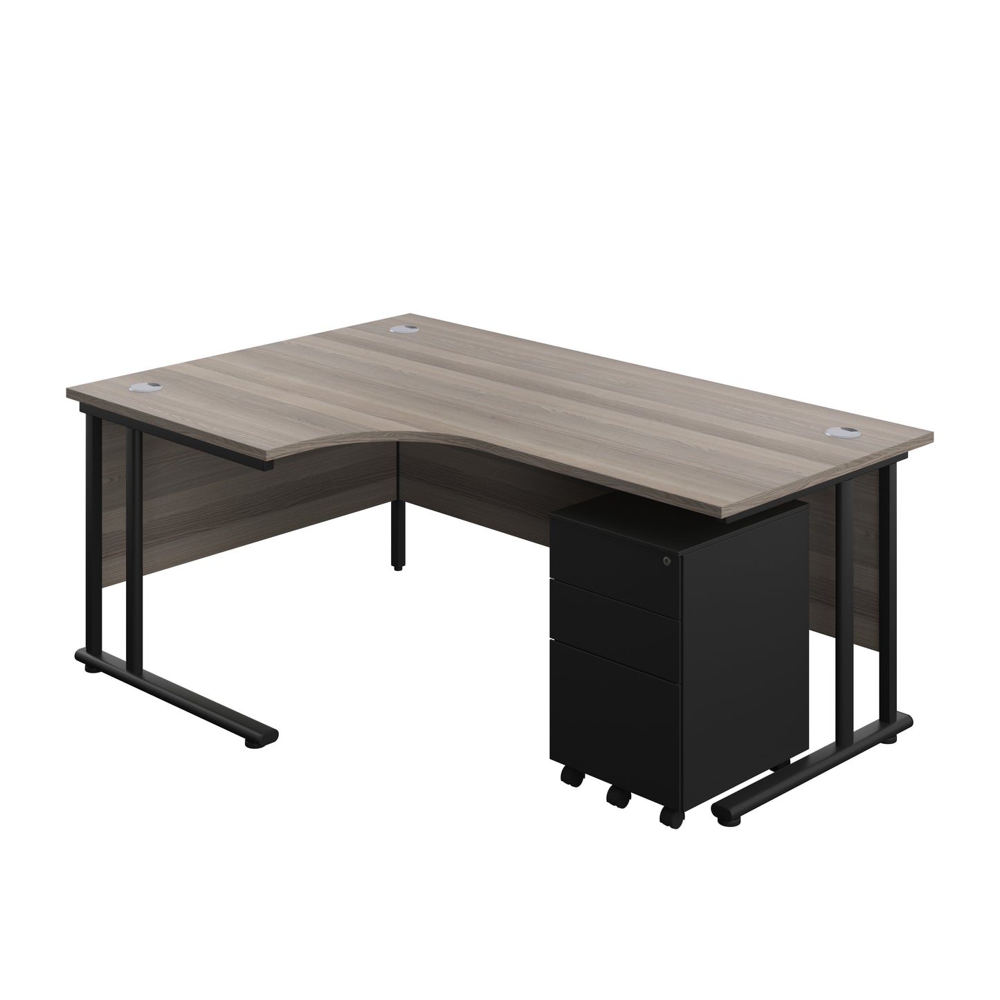 Aztec|Twin Upright|Radial Desk and Under Desk Steel Pedestal 3 Drawer|1800x1200|Grey Oak-Black