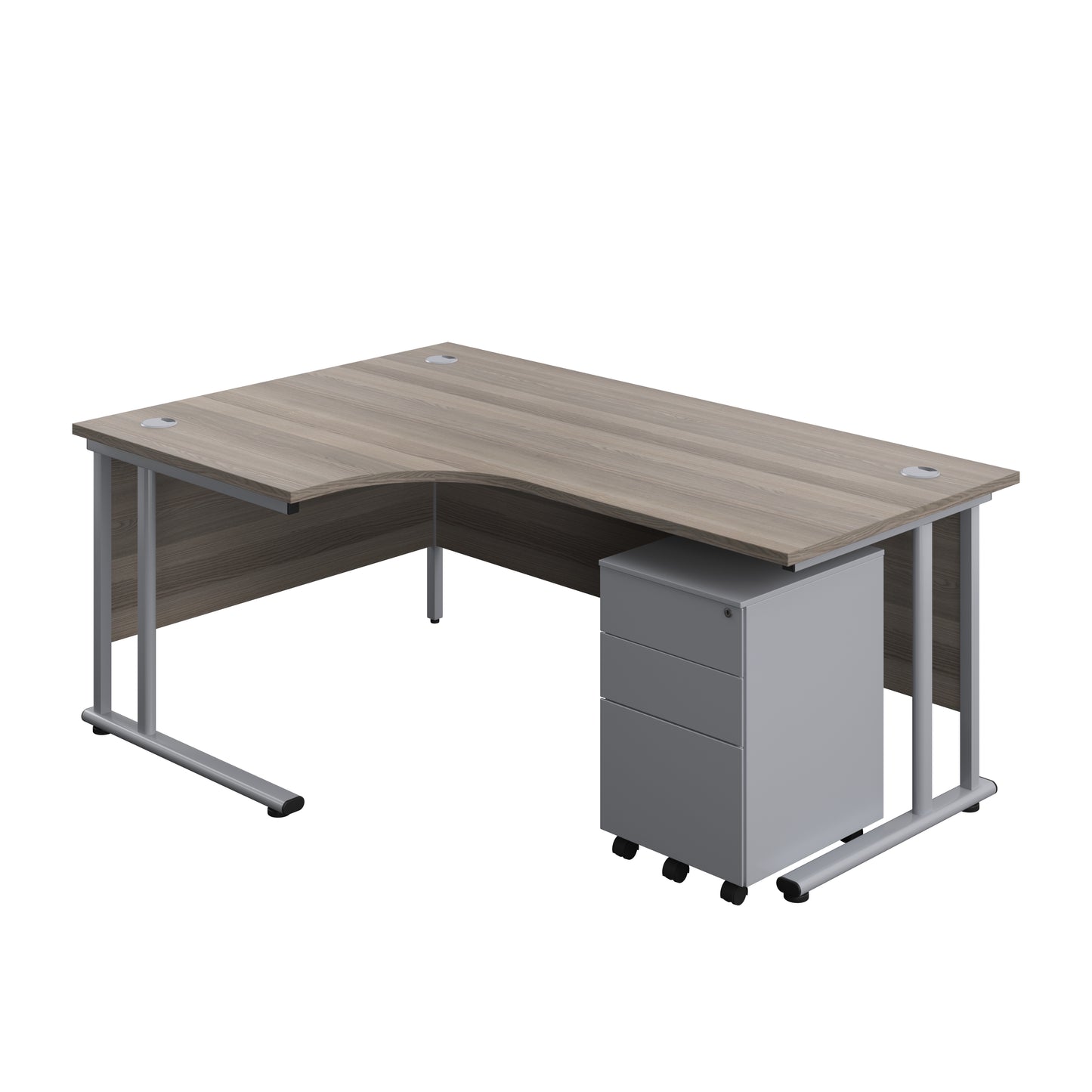 Aztec|Twin Upright|Radial Desk and Under Desk Steel Pedestal 3 Drawer|1800x1200|Grey Oak-Silver