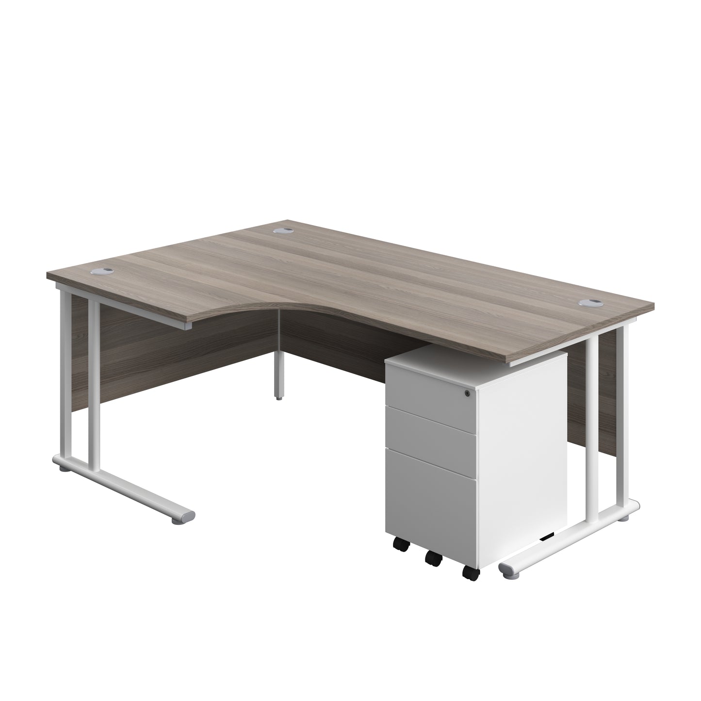 Aztec|Twin Upright|Radial Desk and Under Desk Steel Pedestal 3 Drawer|1800x1200|Grey Oak-White