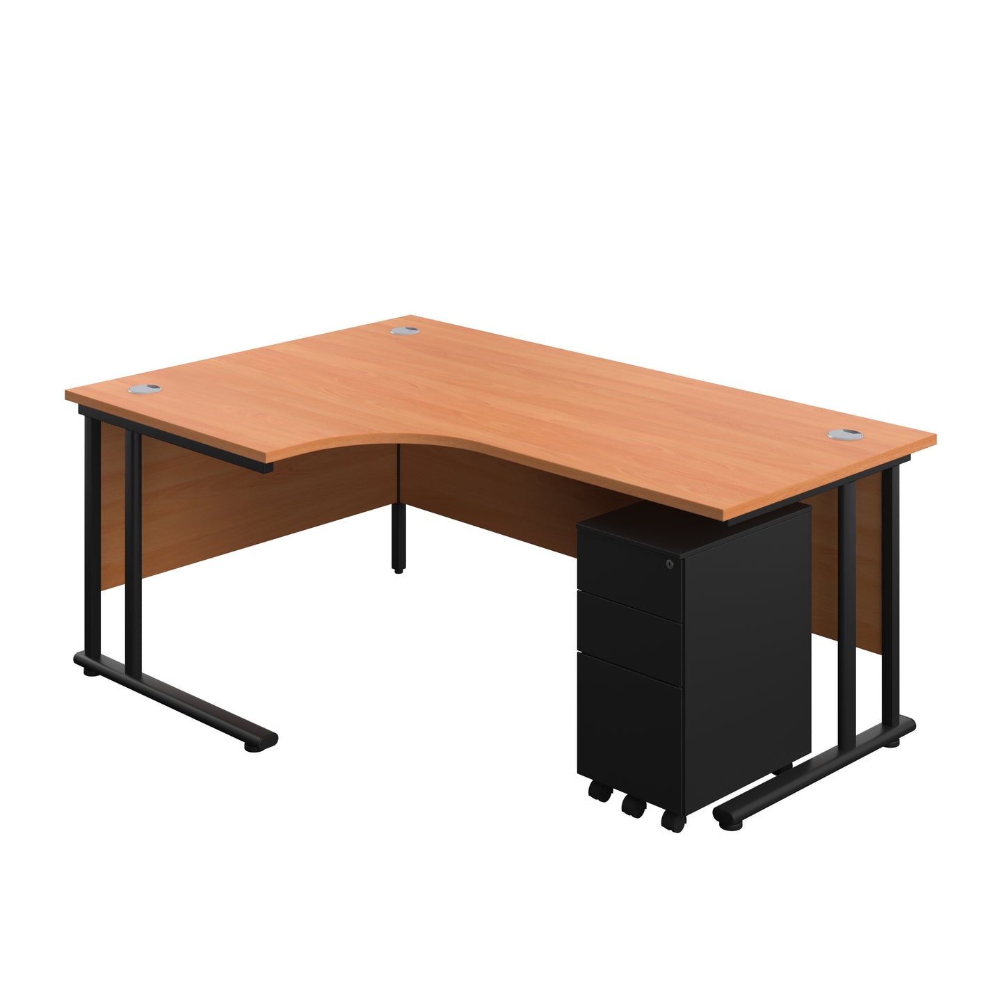 Aztec|Twin Upright|Radial Desk and Slimline Steel Pedestal 3 Drawer|1800x1200|Beech-Black