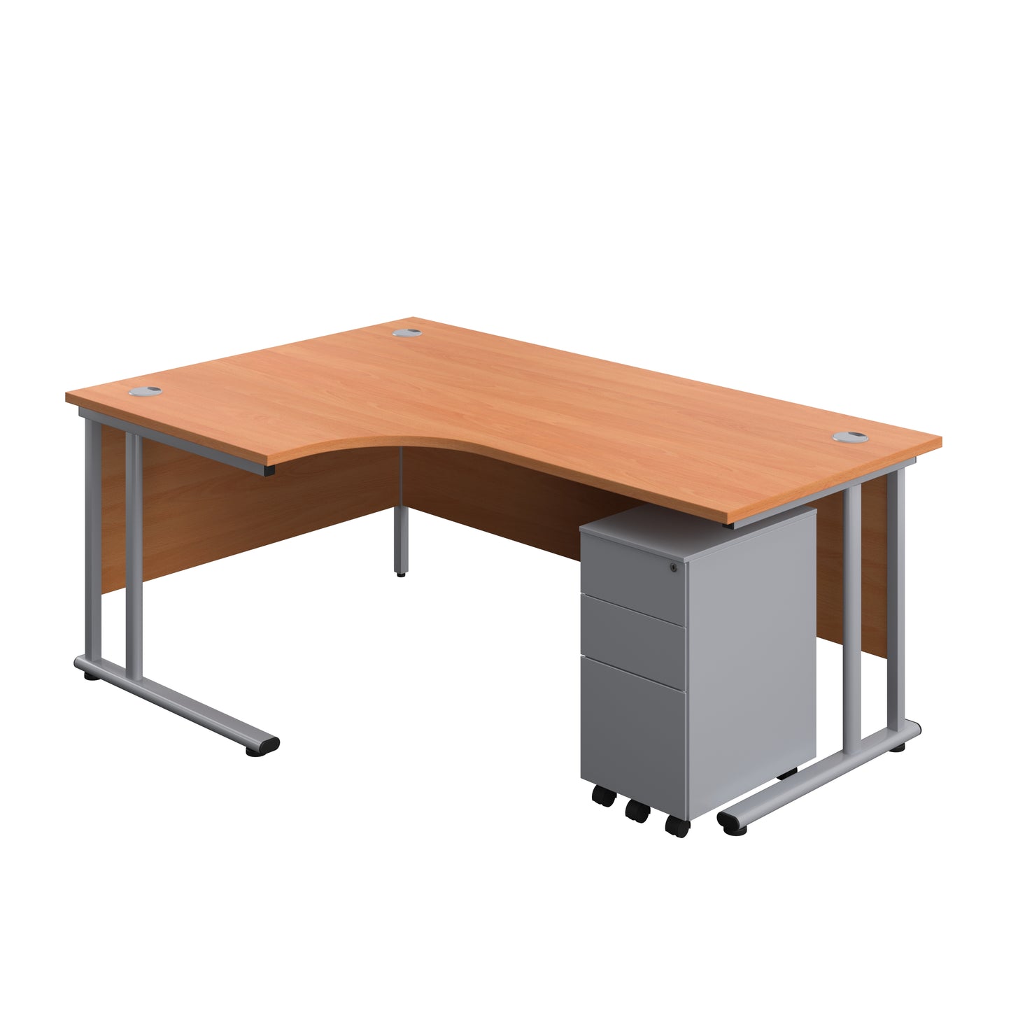 Aztec|Twin Upright|Radial Desk and Slimline Steel Pedestal 3 Drawer|1800x1200|Beech-Silver