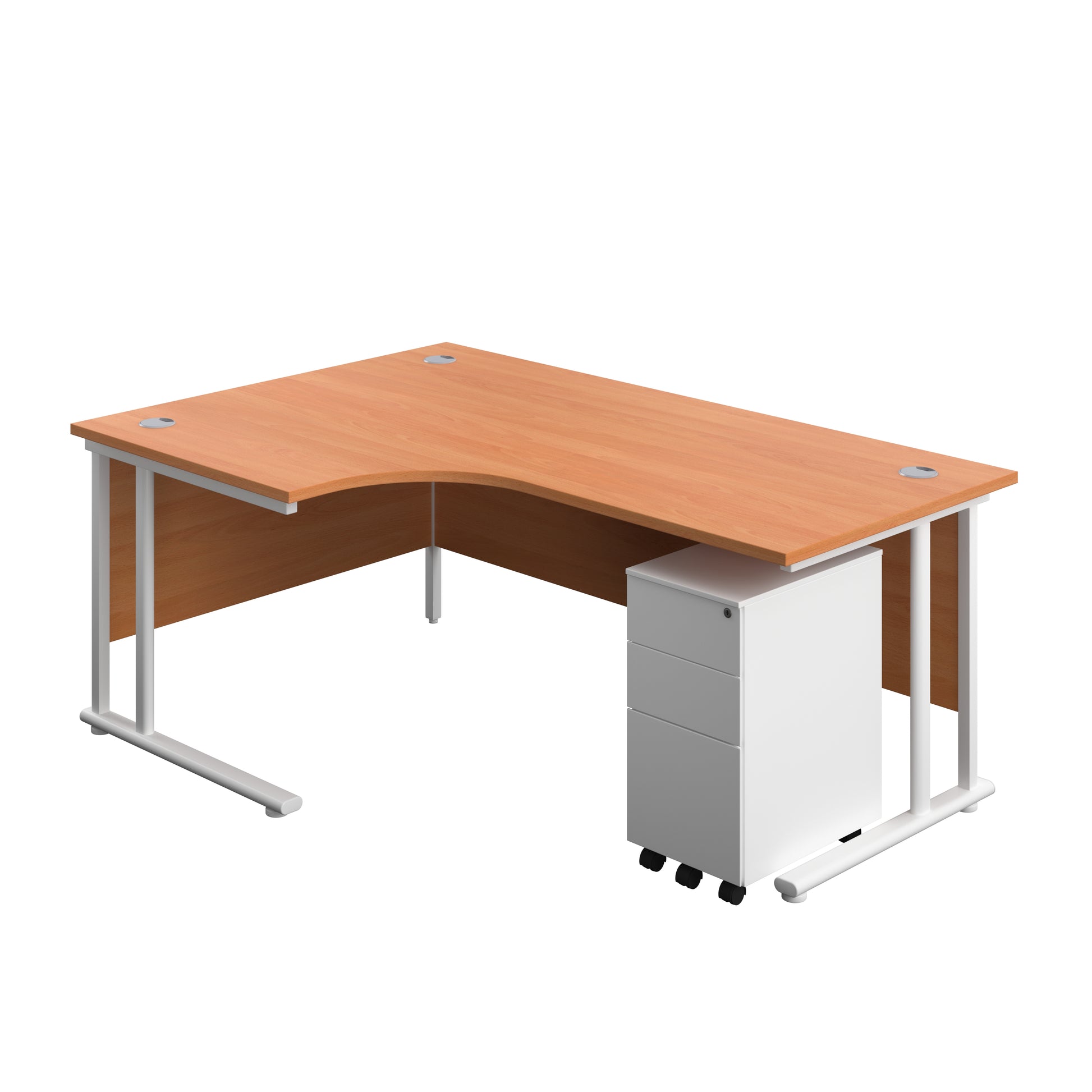 Aztec|Twin Upright|Radial Desk and Slimline Steel Pedestal 3 Drawer|1800x1200|Beech-White