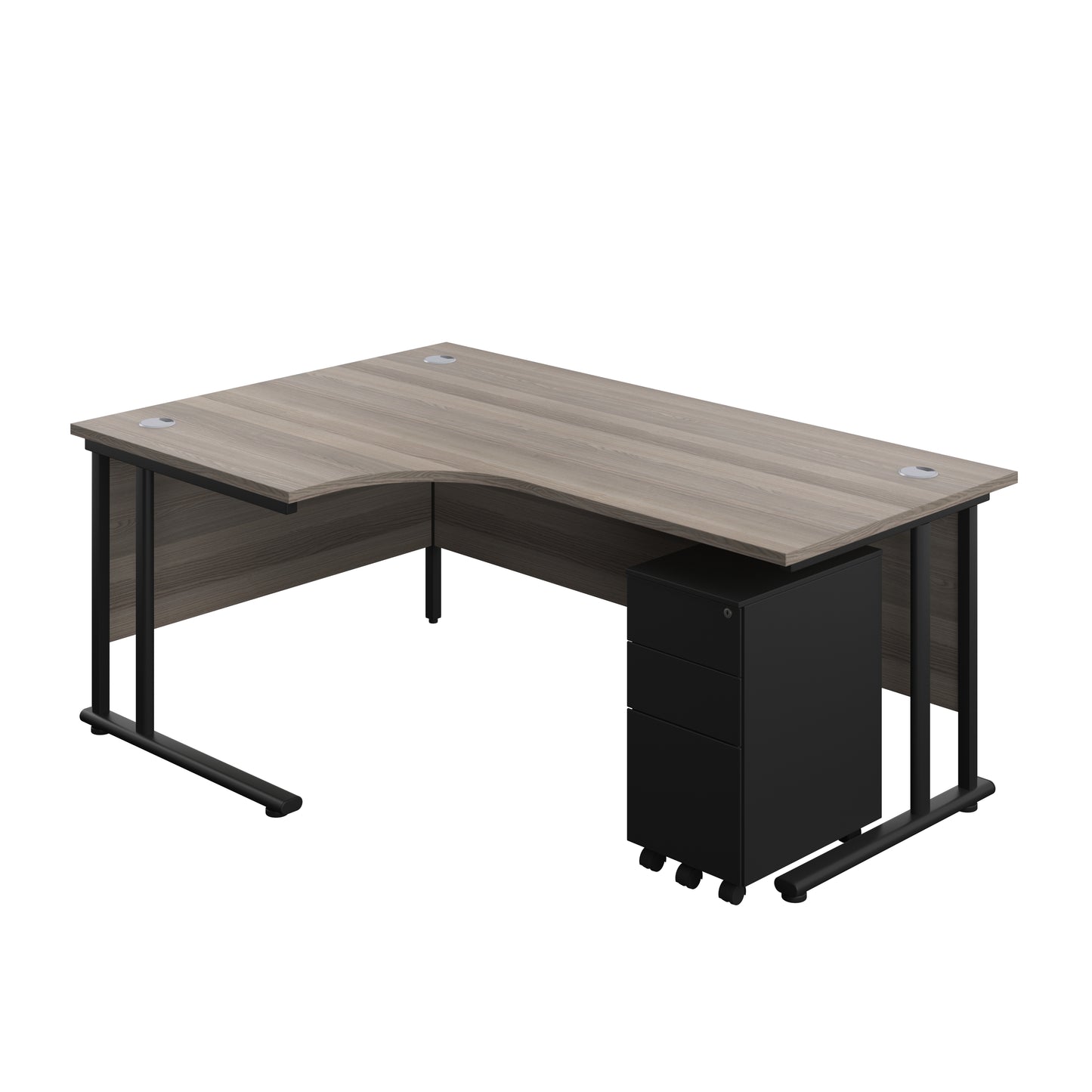 Aztec|Twin Upright|Radial Desk and Slimline Steel Pedestal 3 Drawer|1800x1200|Grey Oak-Black