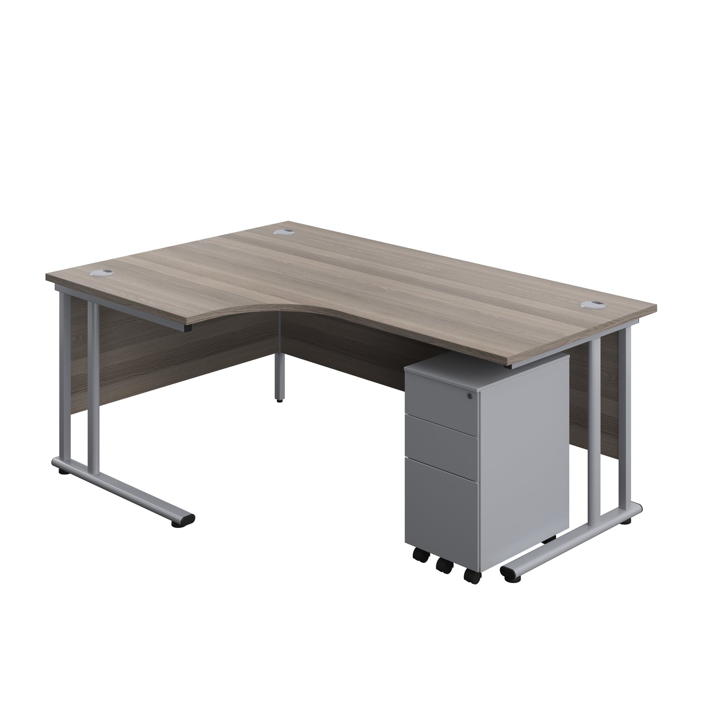 Aztec|Twin Upright|Radial Desk and Slimline Steel Pedestal 3 Drawer|1800x1200|Grey Oak-Silver