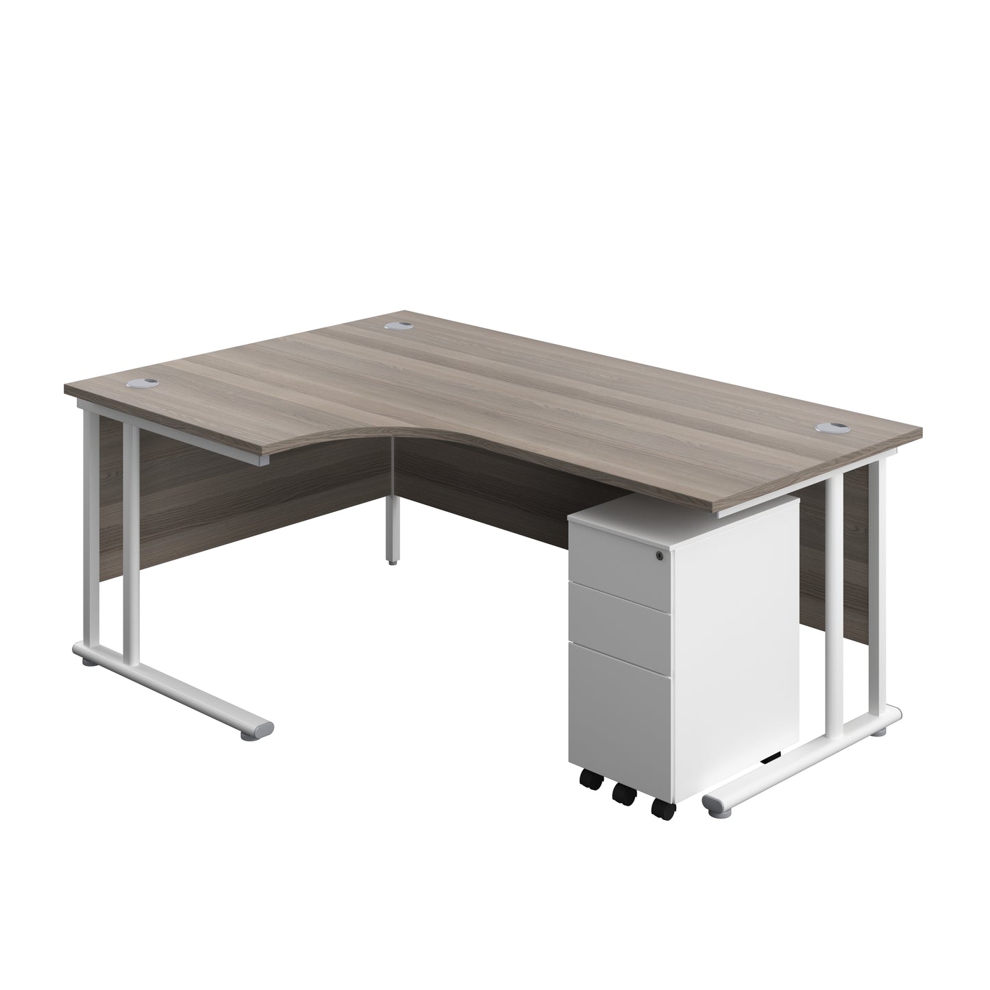 Aztec|Twin Upright|Radial Desk and Slimline Steel Pedestal 3 Drawer|1800x1200|Grey Oak-White