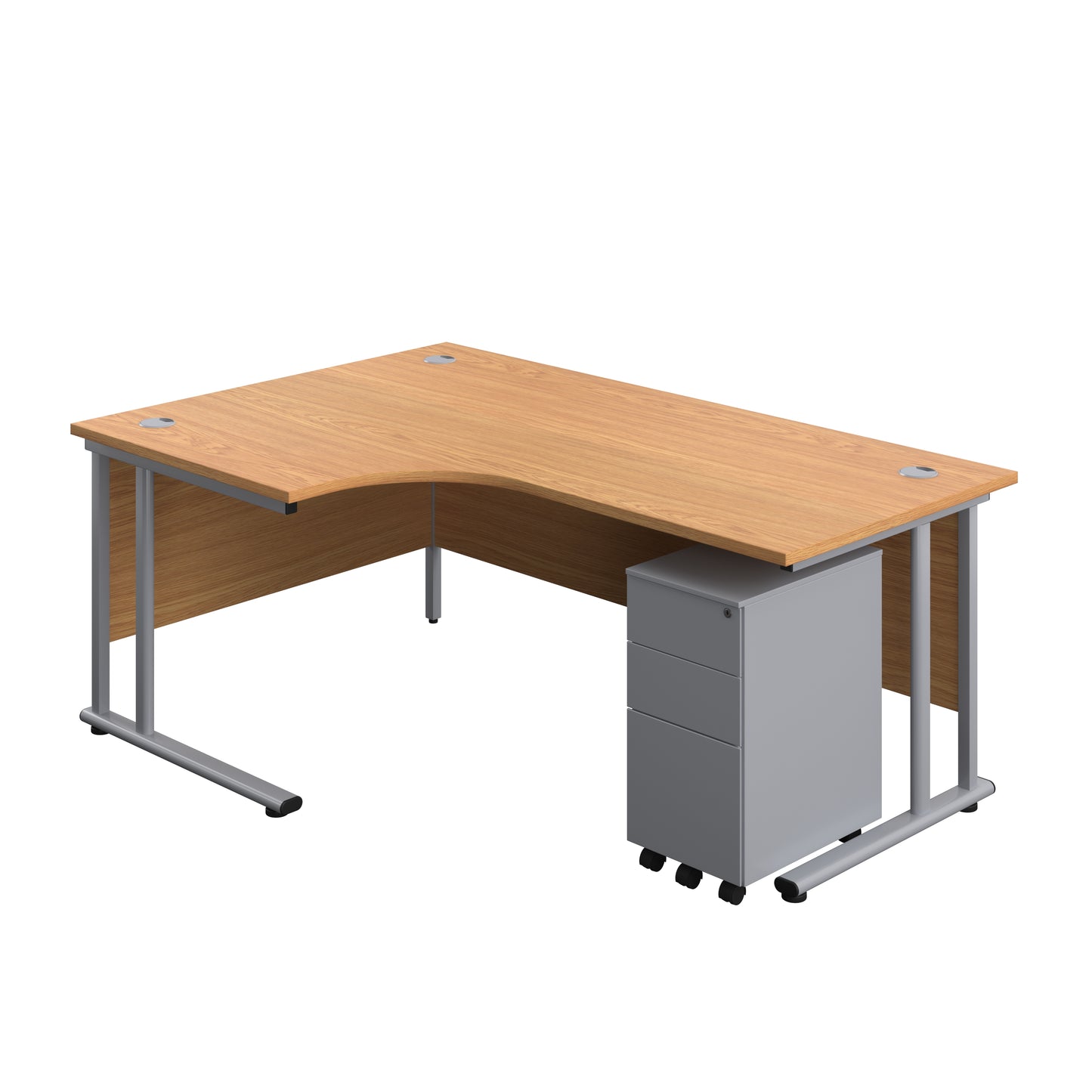 Aztec|Twin Upright|Radial Desk and Slimline Steel Pedestal 3 Drawer|1800x1200|Nova Oak-Silver