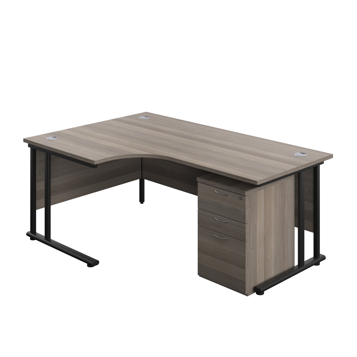Aztec|Twin Upright|Radial Desk and High Mobile Pedestal 3 Drawer|1800x1200|Grey Oak-Black
