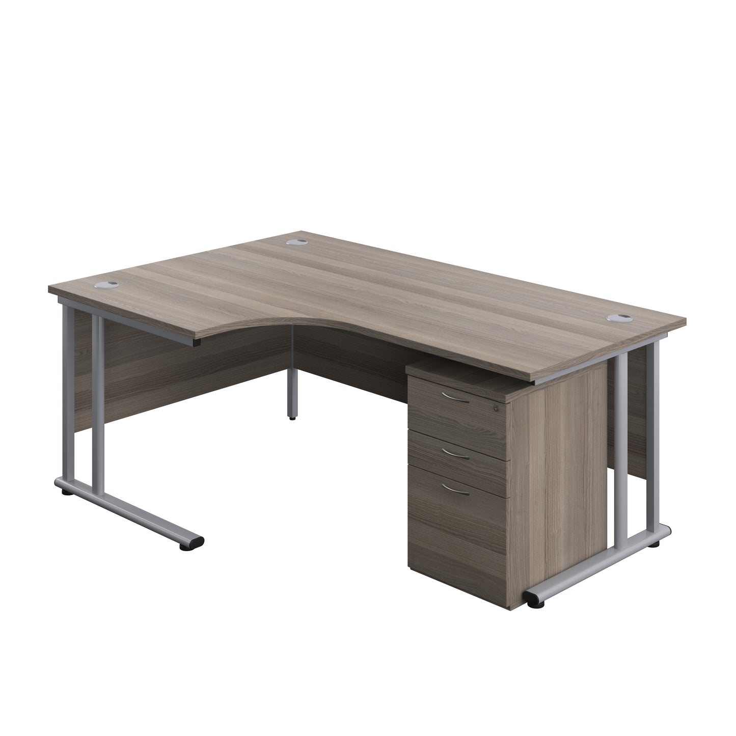 Aztec|Twin Upright|Radial Desk and High Mobile Pedestal 3 Drawer|1800x1200|Grey Oak-Silver