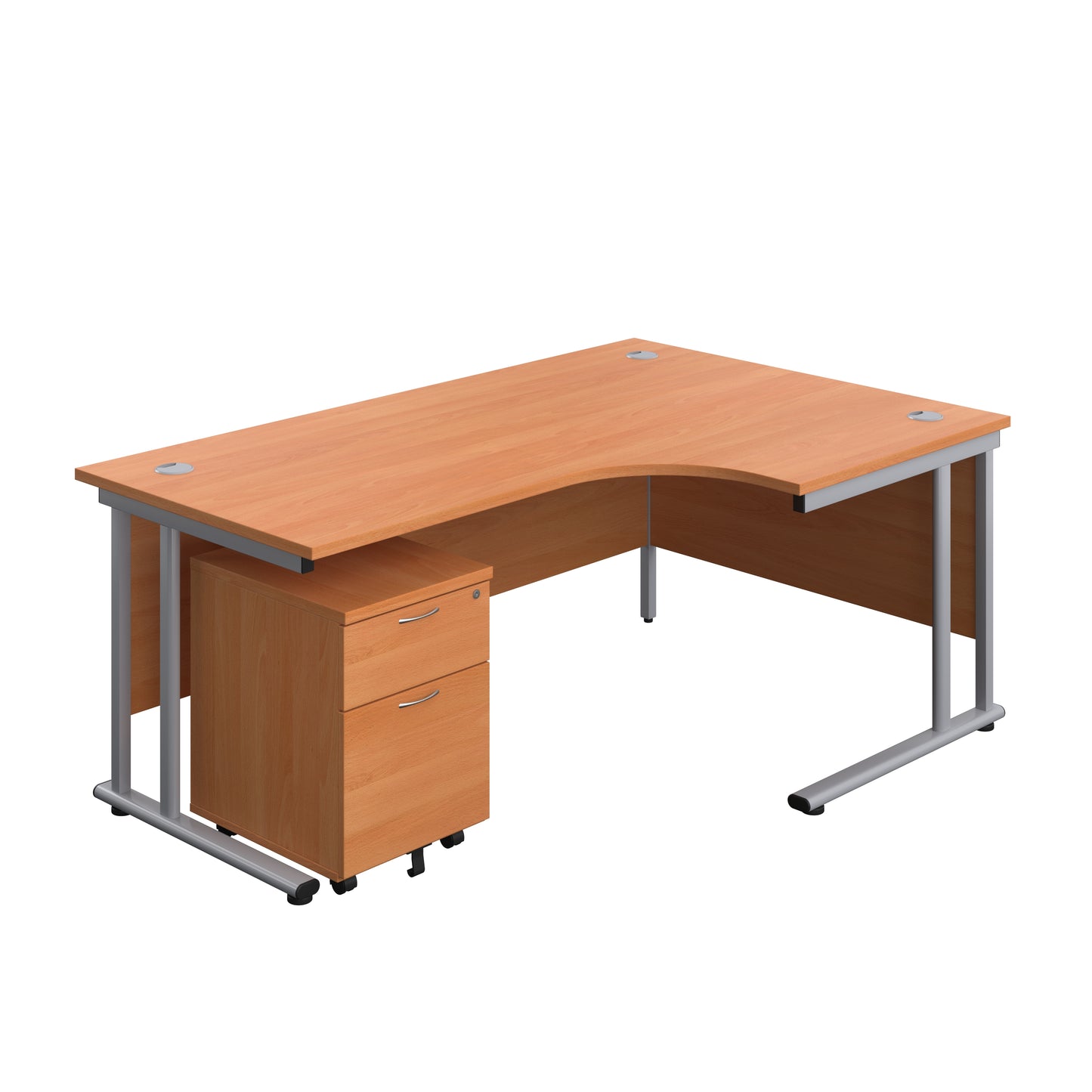 Aztec|Twin Upright|Right Hand|Radial Desk and Mobile 2 Drawer Pedestal|1800x1200|Beech-Silver