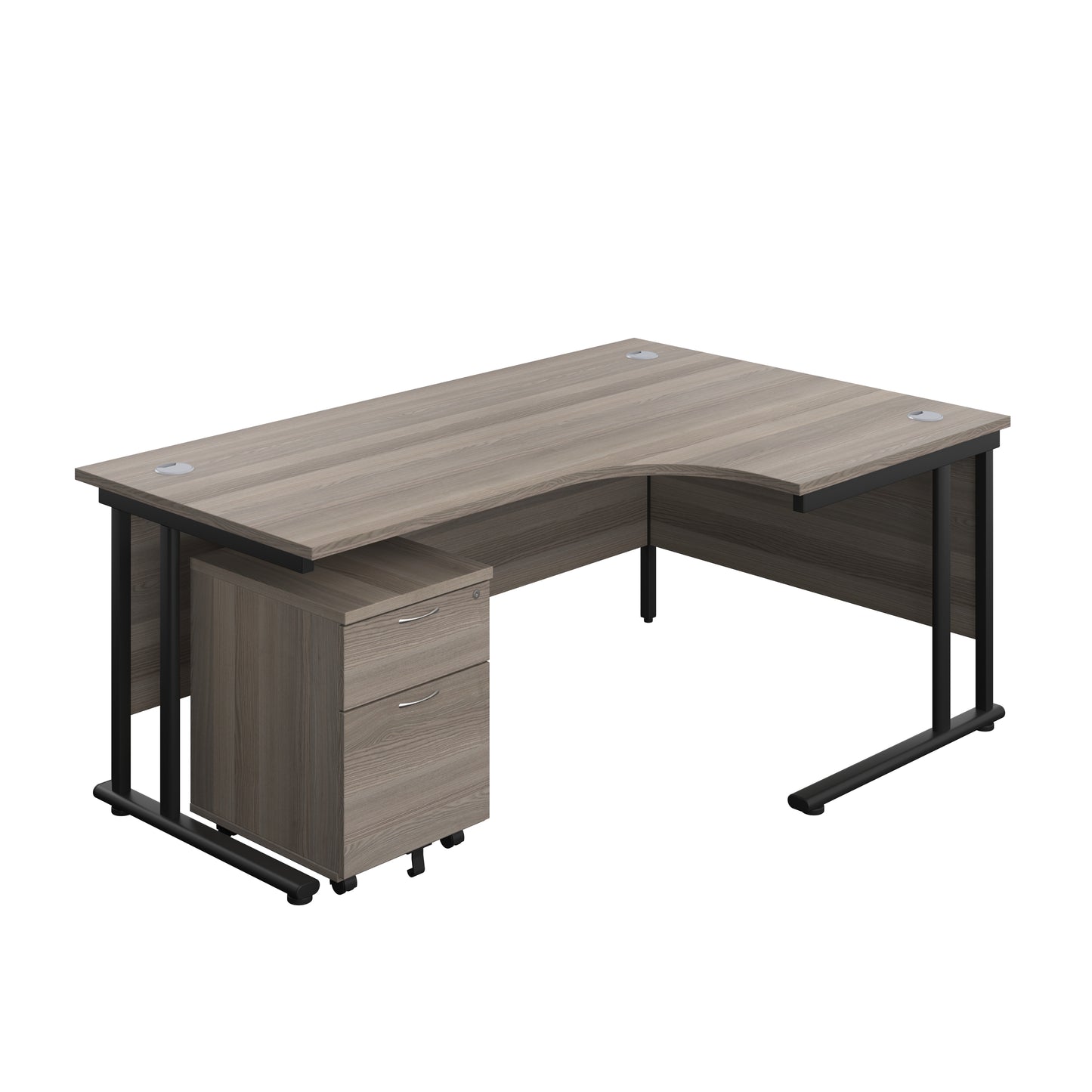 Aztec|Twin Upright|Right Hand|Radial Desk and Mobile 2 Drawer Pedestal|1800x1200|Grey Oak-Black
