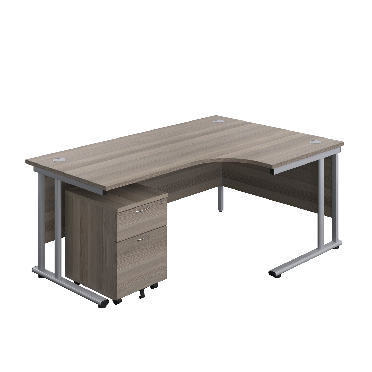 Aztec|Twin Upright|Right Hand|Radial Desk and Mobile 2 Drawer Pedestal|1800x1200|Grey Oak-Silver