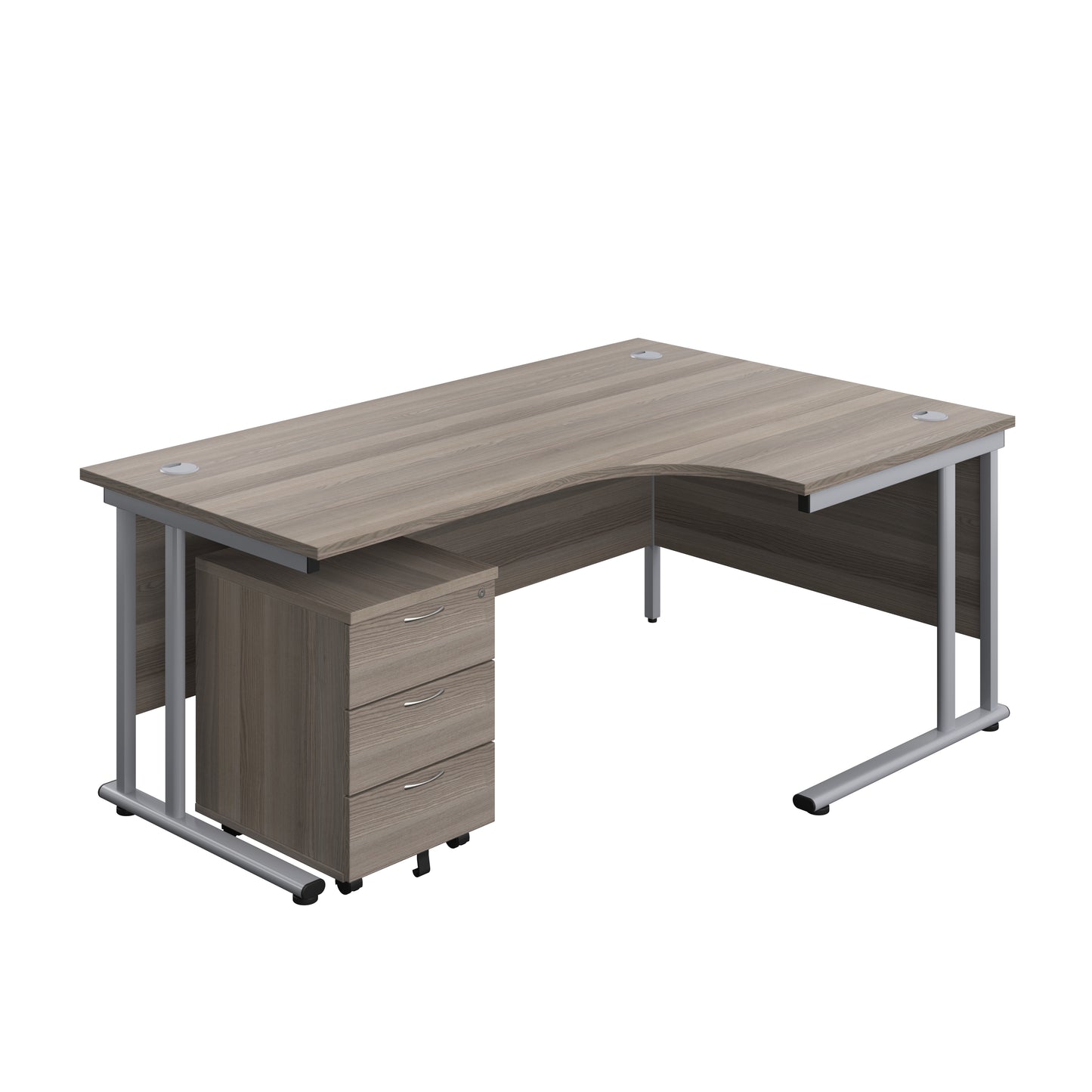 Aztec|Twin Upright|Right Hand|Radial Desk and Mobile 3 Drawer Pedestal|1800x1200|Grey Oak-Silver