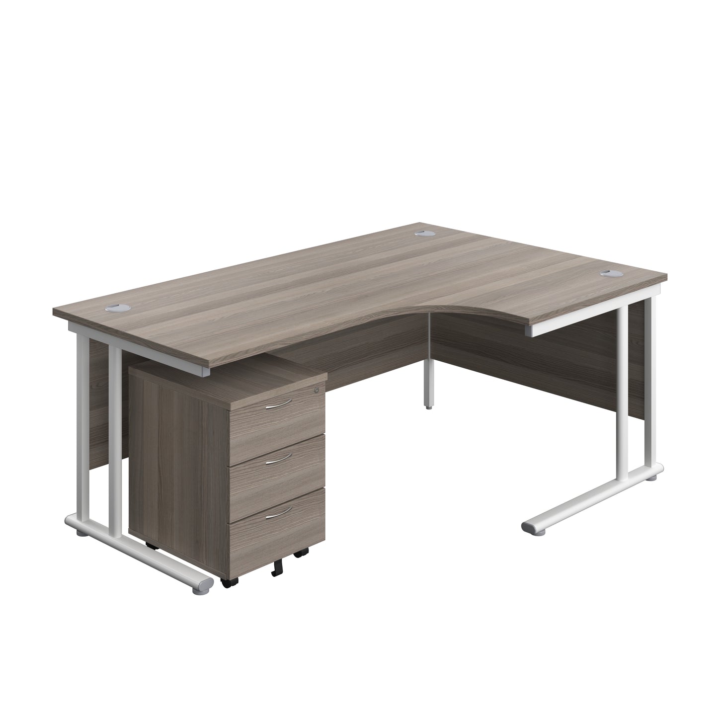 Aztec|Twin Upright|Right Hand|Radial Desk and Mobile 3 Drawer Pedestal|1800x1200|Grey Oak-White