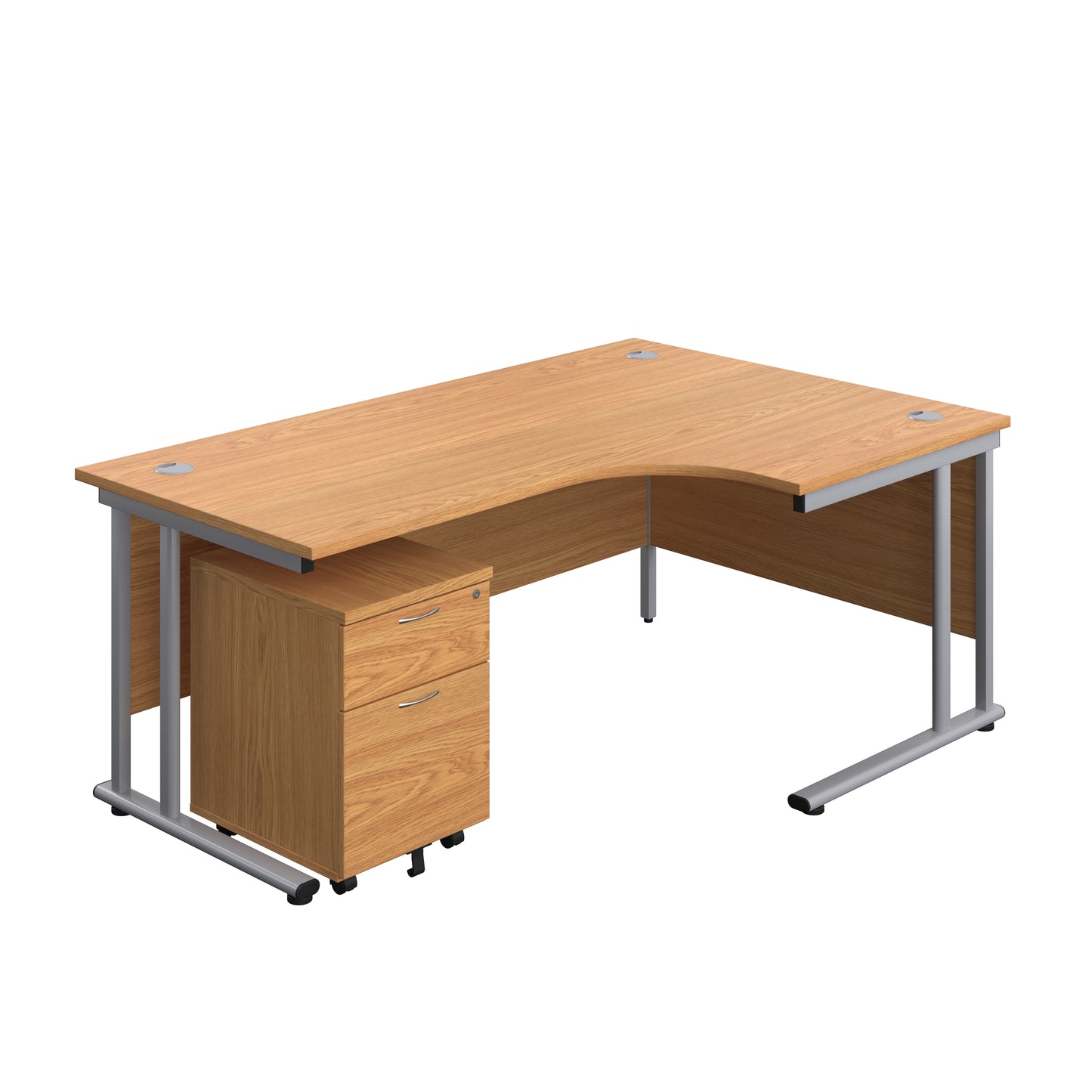 Aztec|Twin Upright|Right Hand|Radial Desk and Mobile 2 Drawer Pedestal|1800x1200|Nova Oak-Silver