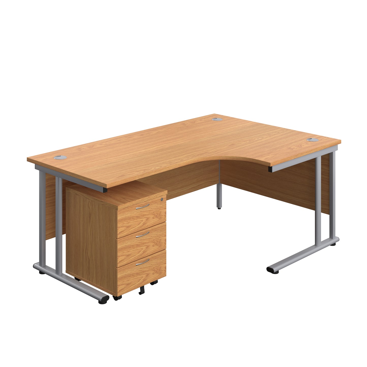 Aztec|Twin Upright|Right Hand|Radial Desk and Mobile 3 Drawer Pedestal|1800x1200|Nova Oak-Silver