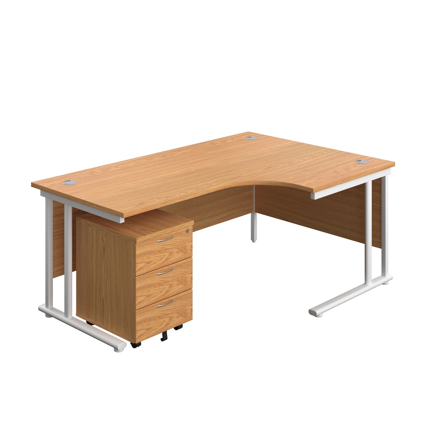 Aztec|Twin Upright|Right Hand|Radial Desk and Mobile 3 Drawer Pedestal|1800x1200|Nova Oak-White