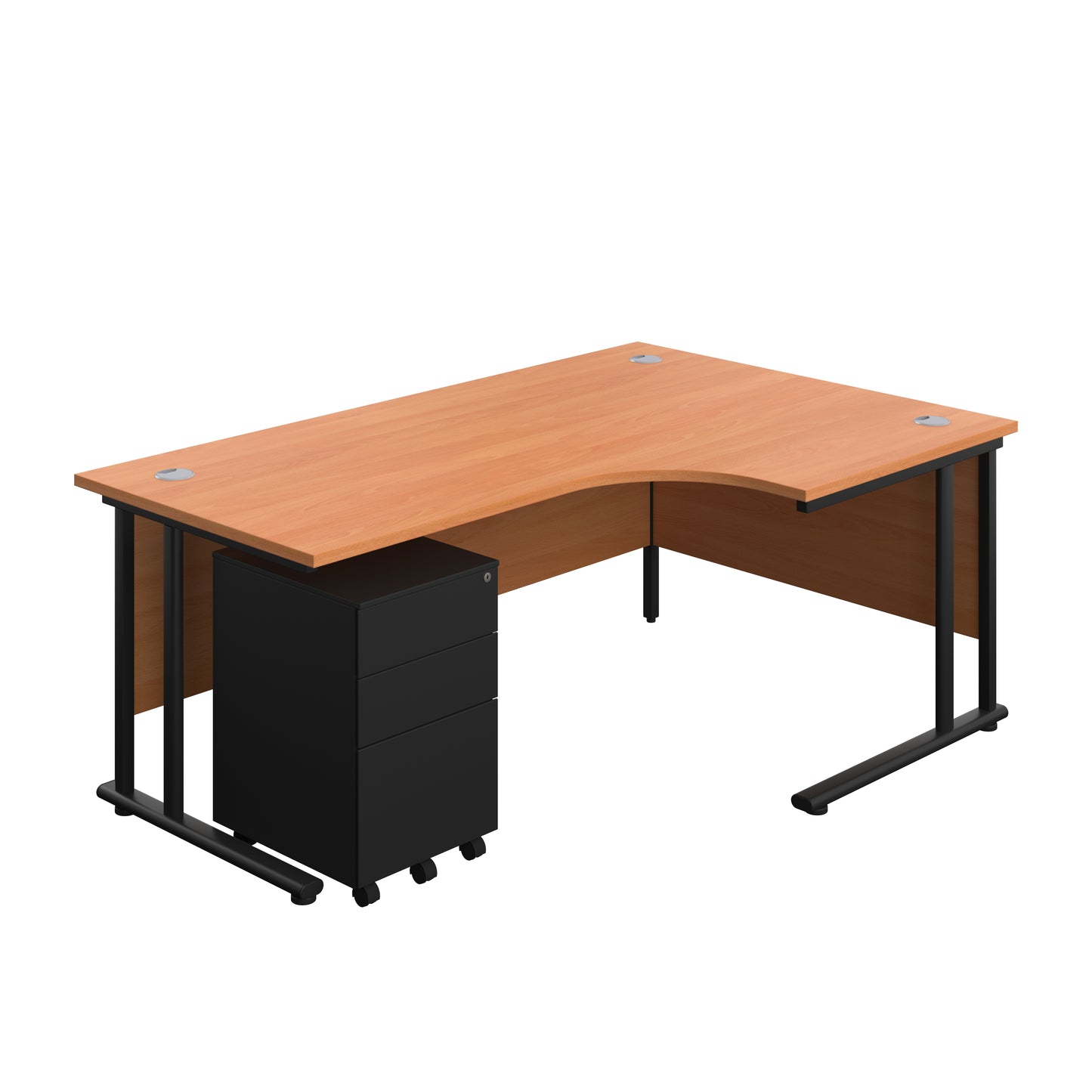 Aztec|Twin Upright|Right Hand|Radial Desk and Under Desk Steel Pedestal 3 Drawer|1800x1200|Beech-Black