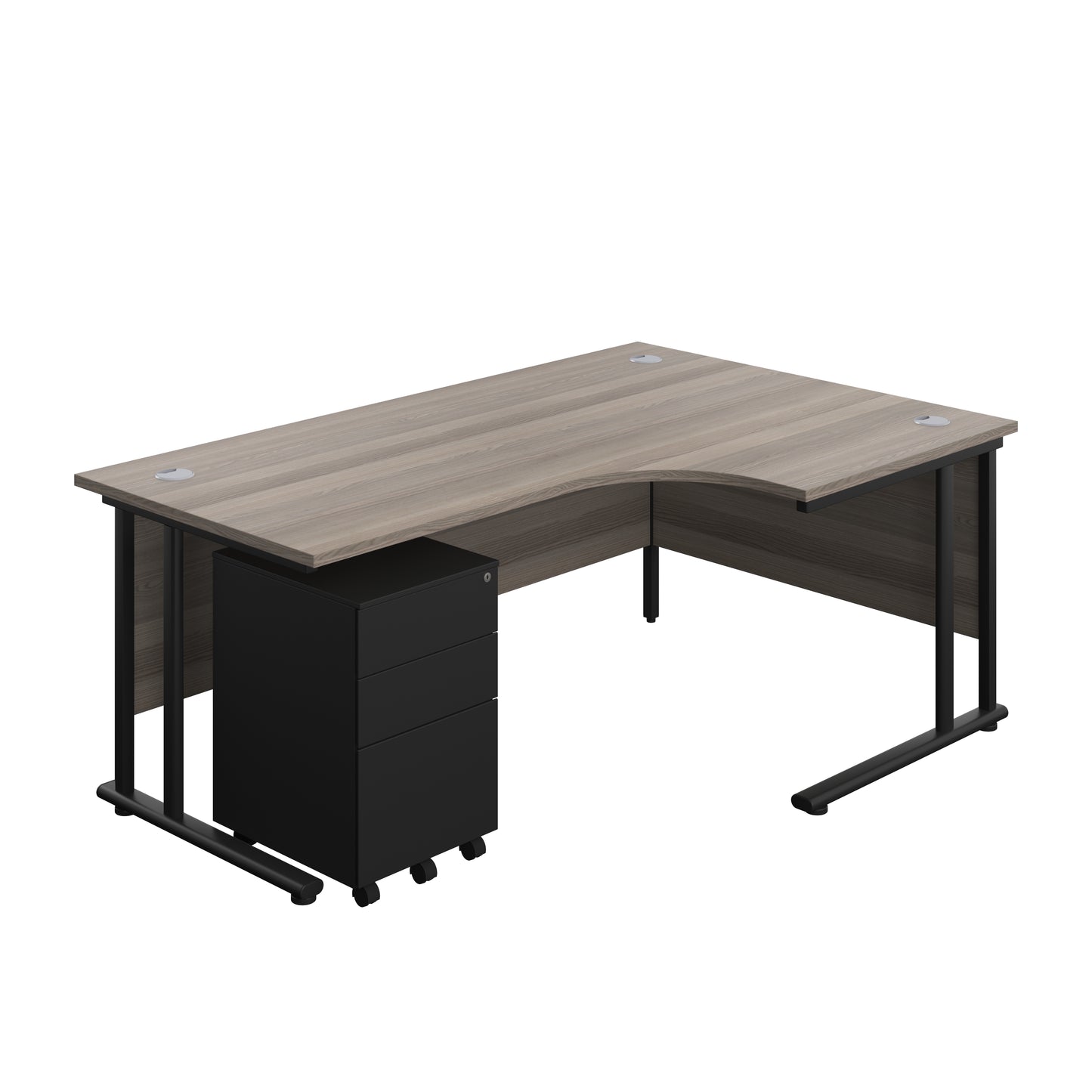 Aztec|Twin Upright|Right Hand|Radial Desk and Under Desk Steel Pedestal 3 Drawer|1800x1200|Grey Oak-Black