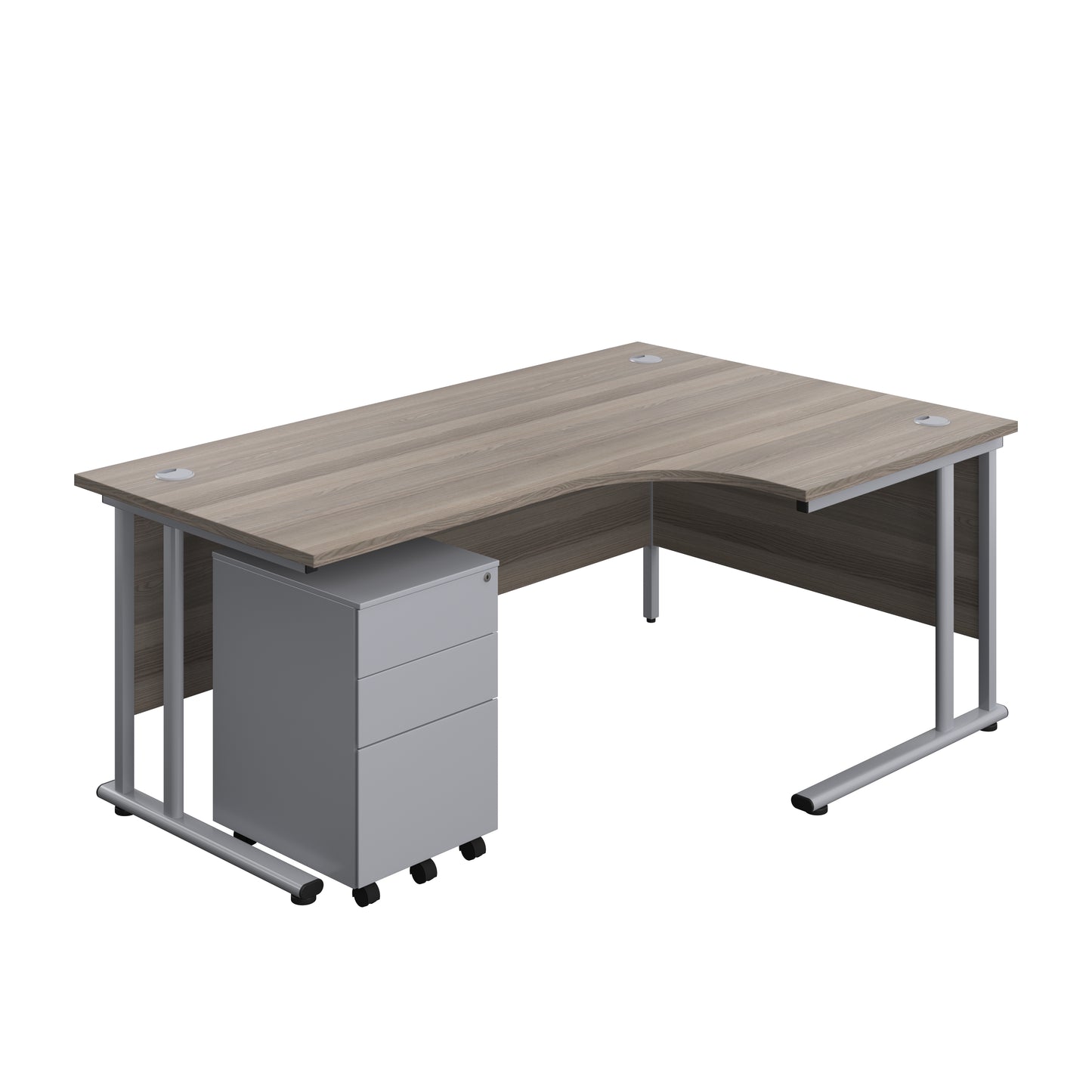Aztec|Twin Upright|Right Hand|Radial Desk and Under Desk Steel Pedestal 3 Drawer|1800x1200|Grey Oak-Silver