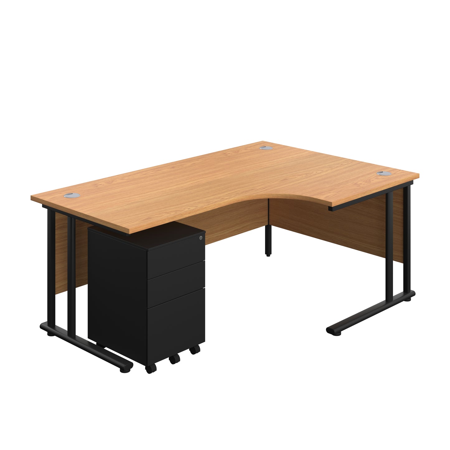 Aztec|Twin Upright|Right Hand|Radial Desk and Under Desk Steel Pedestal 3 Drawer|1800x1200|Nova Oak-Black