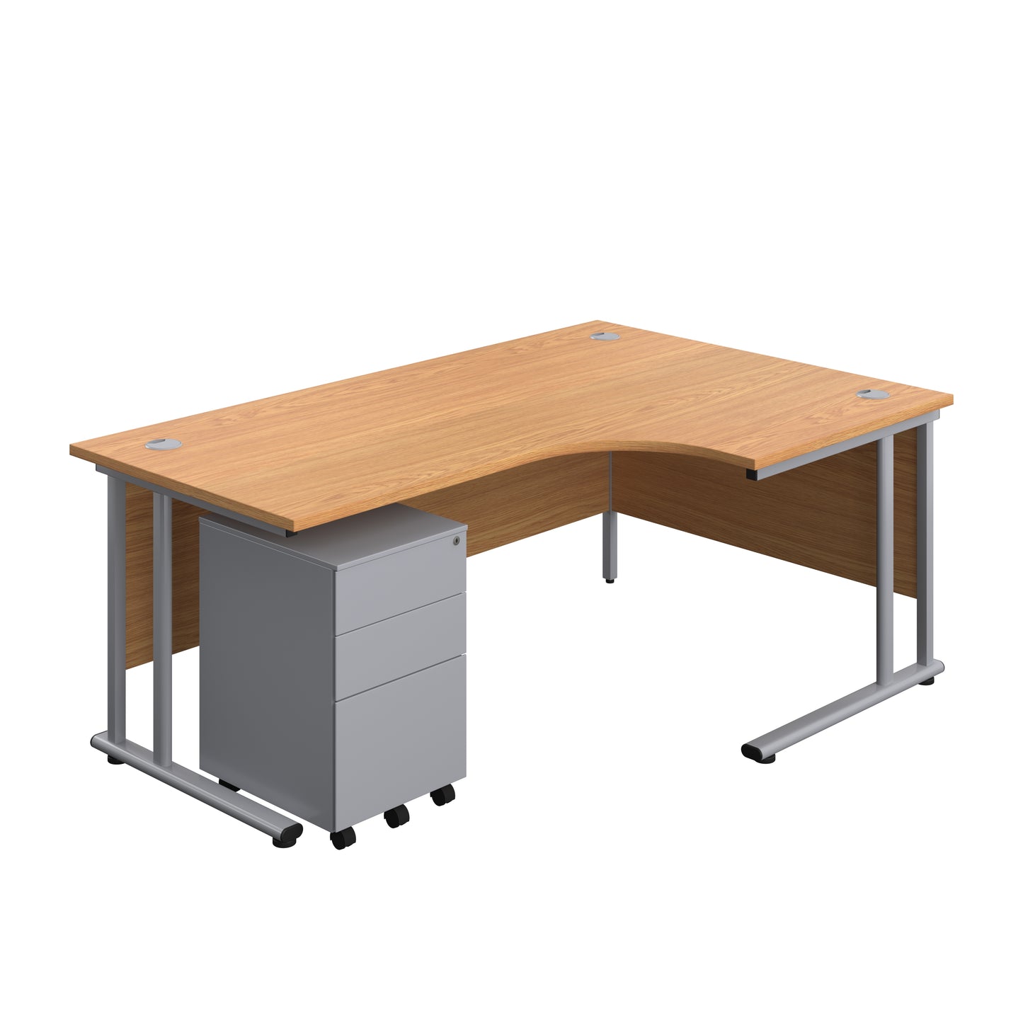 Aztec|Twin Upright|Right Hand|Radial Desk and Under Desk Steel Pedestal 3 Drawer|1800x1200|Nova Oak-Silver
