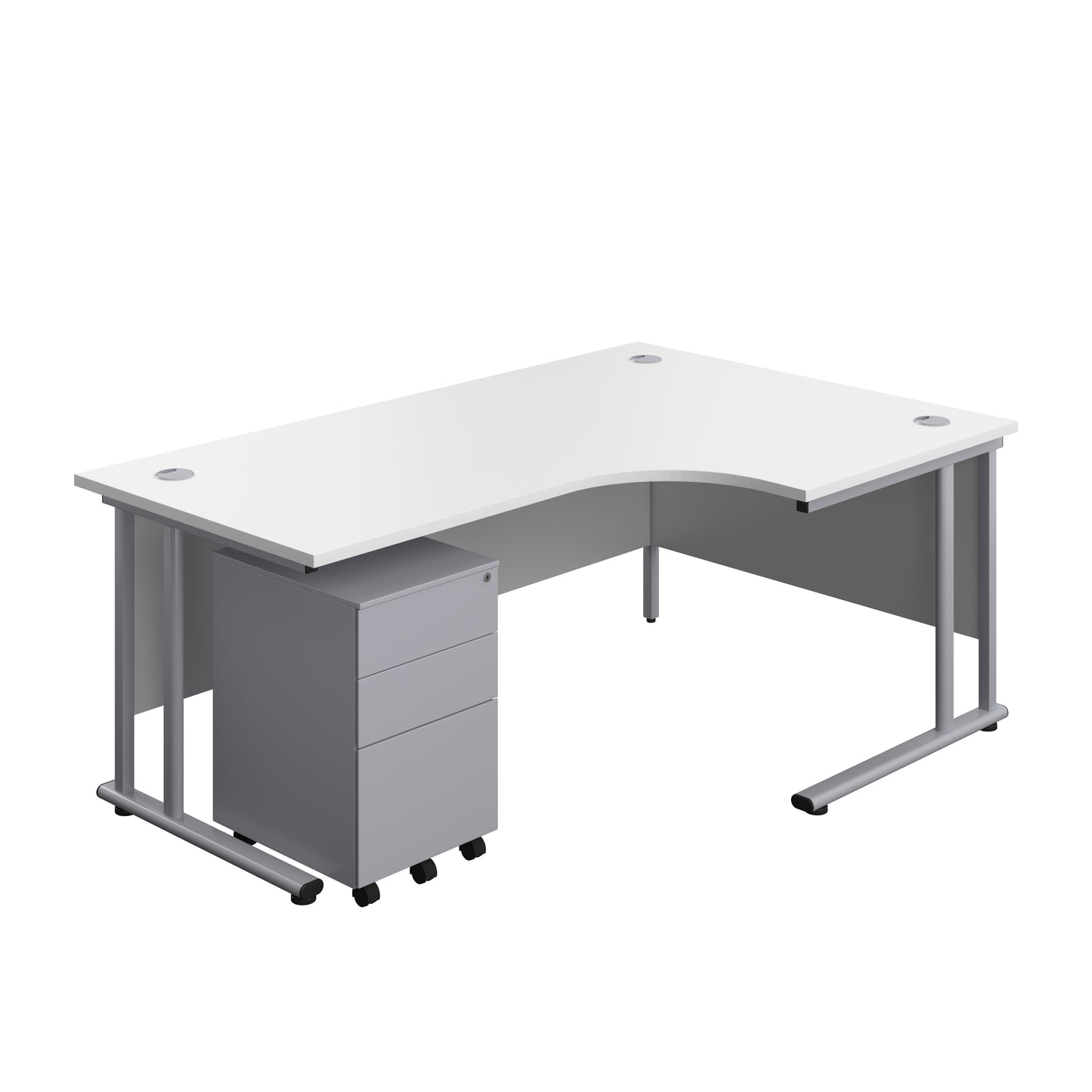 Aztec|Twin Upright|Right Hand|Radial Desk and Under Desk Steel Pedestal 3 Drawer|1800x1200|White-Silver