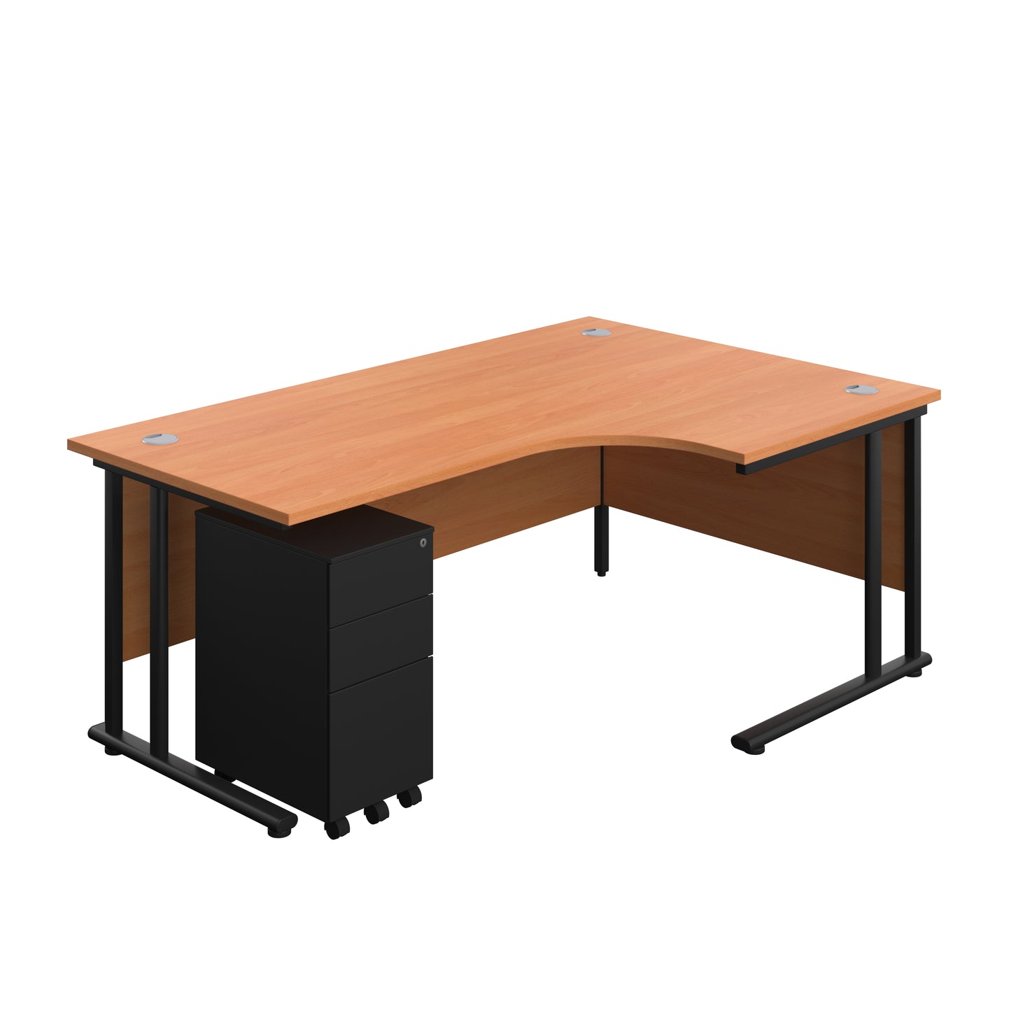 Aztec|Twin Upright|Right Hand|Radial Desk and Slimline Steel Pedestal 3 Drawer|1800x1200|Beech-Black