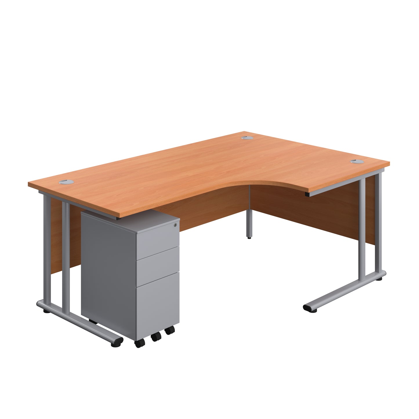 Aztec|Twin Upright|Right Hand|Radial Desk and Slimline Steel Pedestal 3 Drawer|1800x1200|Beech-Silver