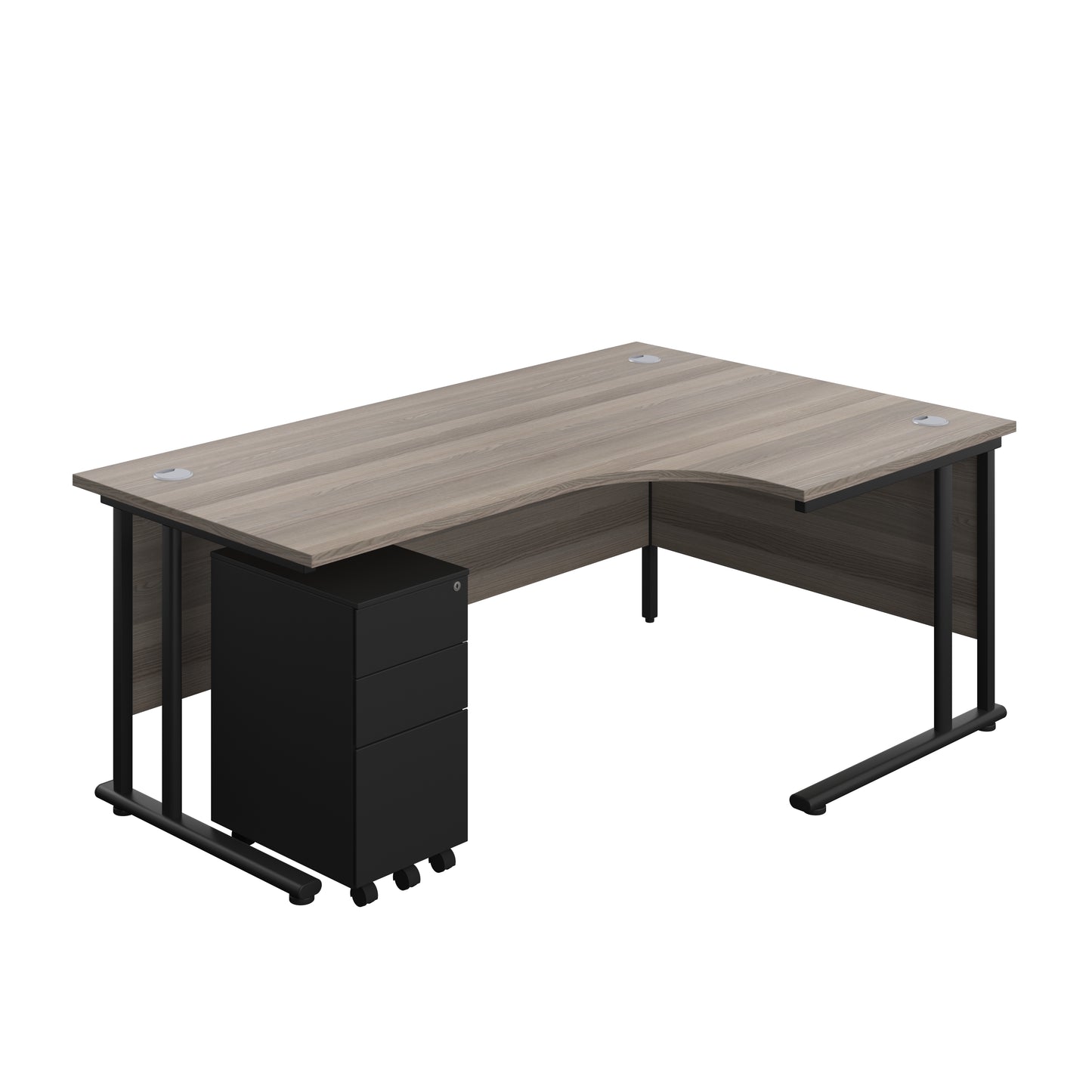 Aztec|Twin Upright|Right Hand|Radial Desk and Slimline Steel Pedestal 3 Drawer|1800x1200|Grey Oak-Black