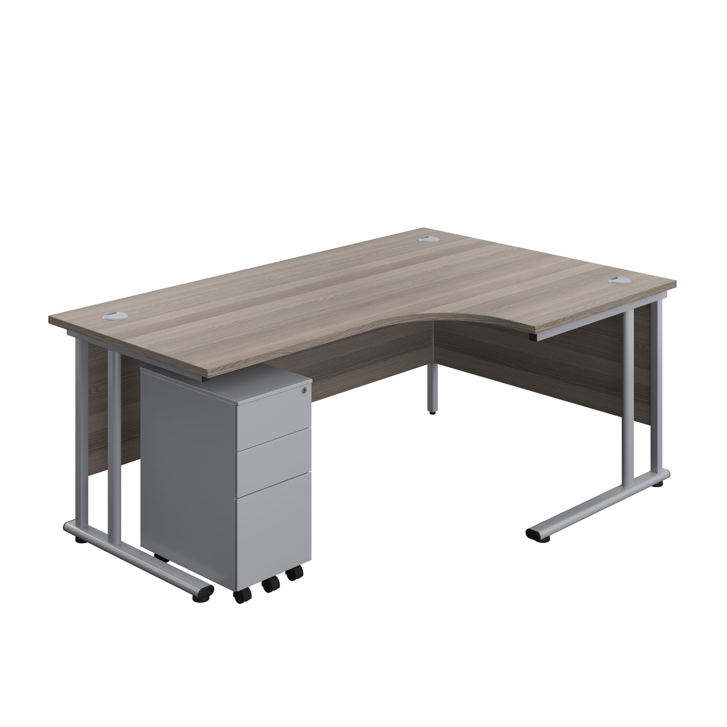 Aztec|Twin Upright|Right Hand|Radial Desk and Slimline Steel Pedestal 3 Drawer|1800x1200|Grey Oak-Silver