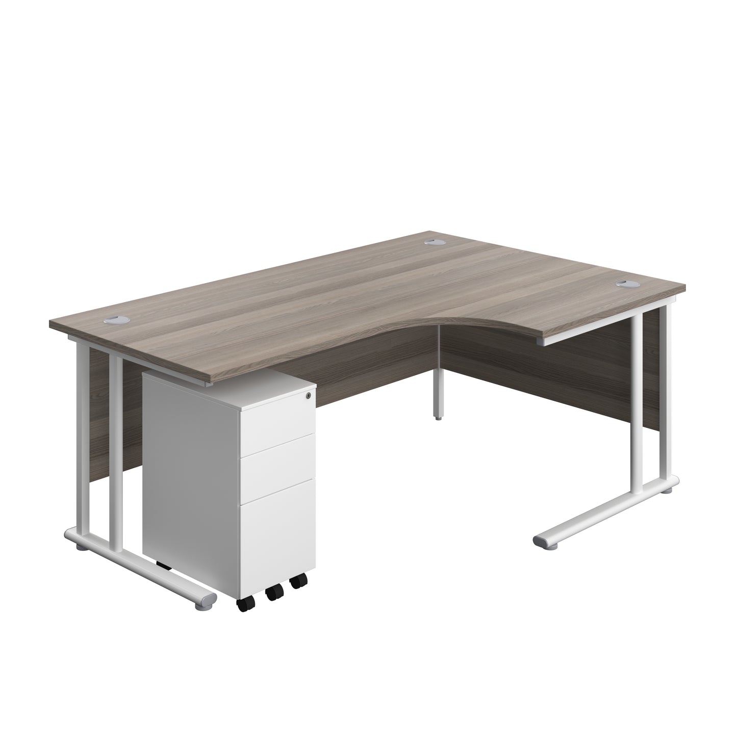 Aztec|Twin Upright|Right Hand|Radial Desk and Slimline Steel Pedestal 3 Drawer|1800x1200|Grey Oak-White
