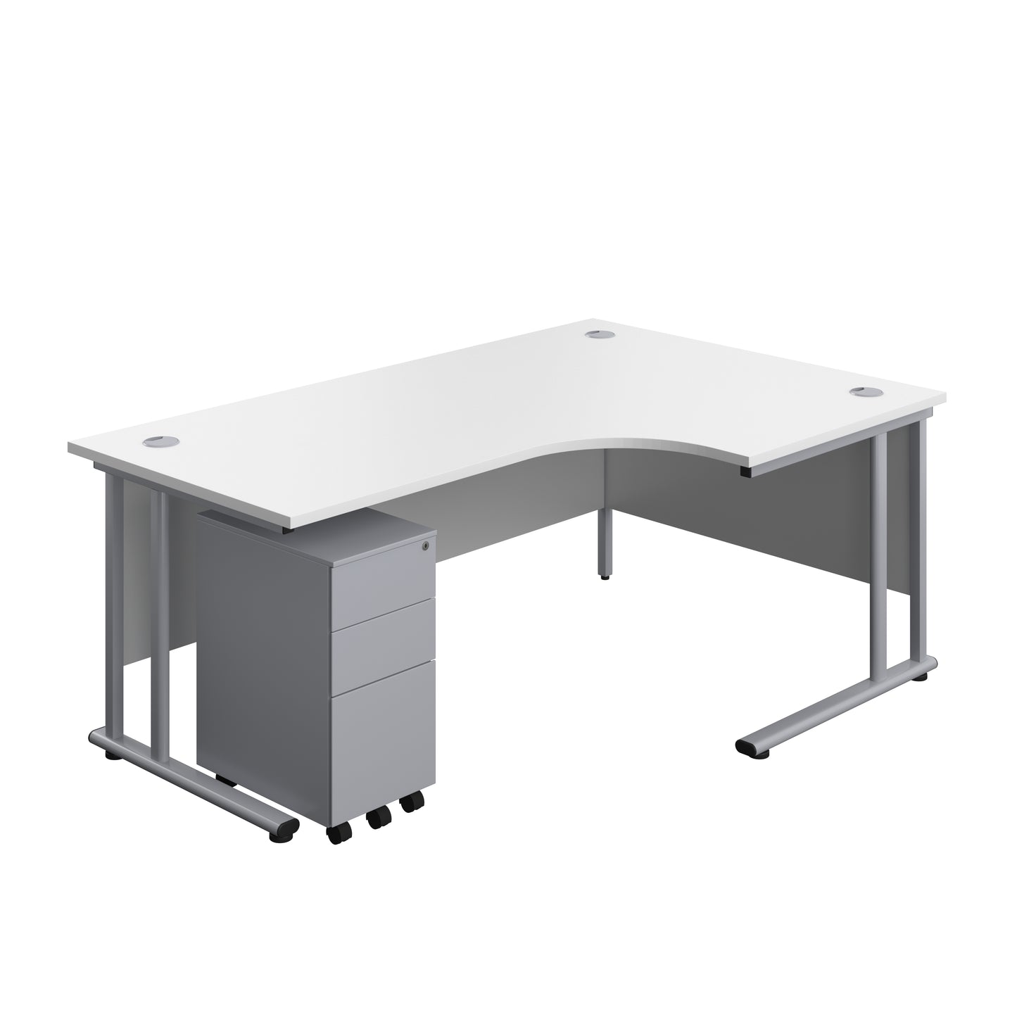 Aztec|Twin Upright|Right Hand|Radial Desk and Slimline Steel Pedestal 3 Drawer|1800x1200|White-Silver