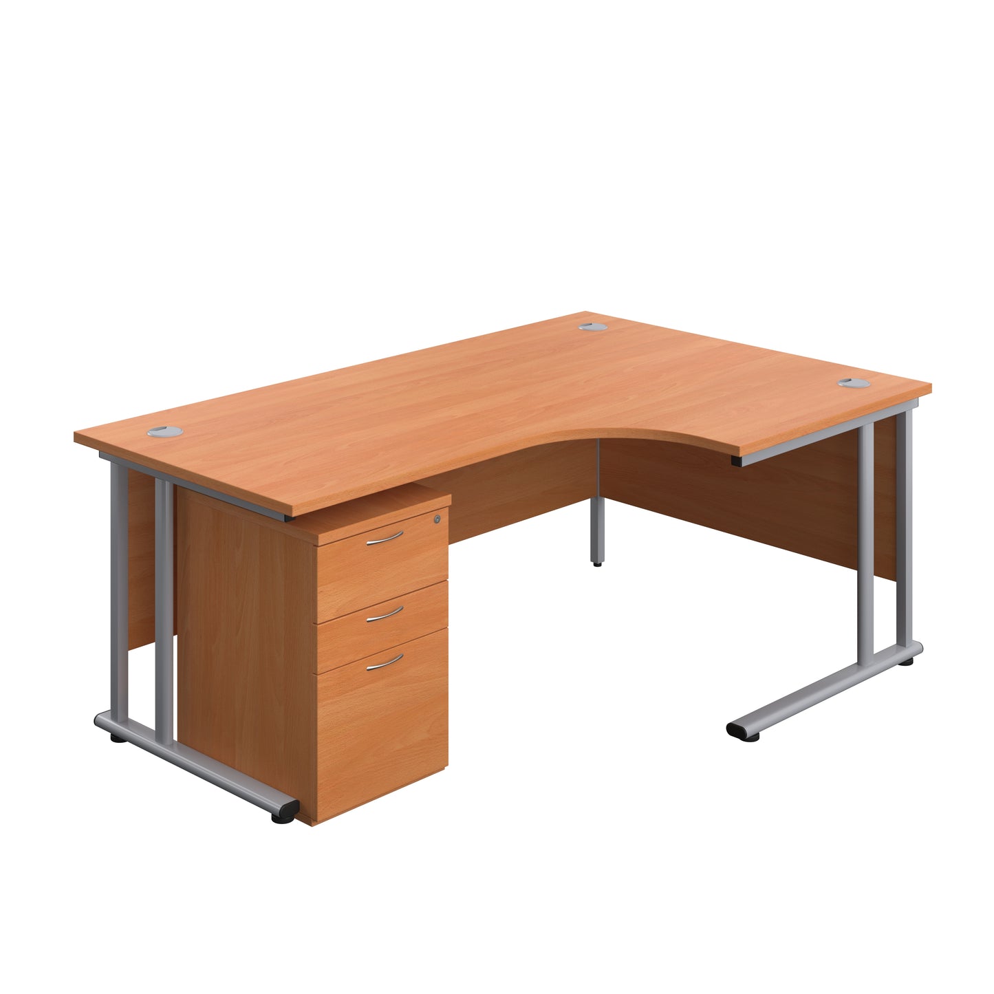 Aztec|Twin Upright|Right Hand|Radial Desk and High Mobile Pedestal 3 Drawer|1800x1200|Beech-Silver