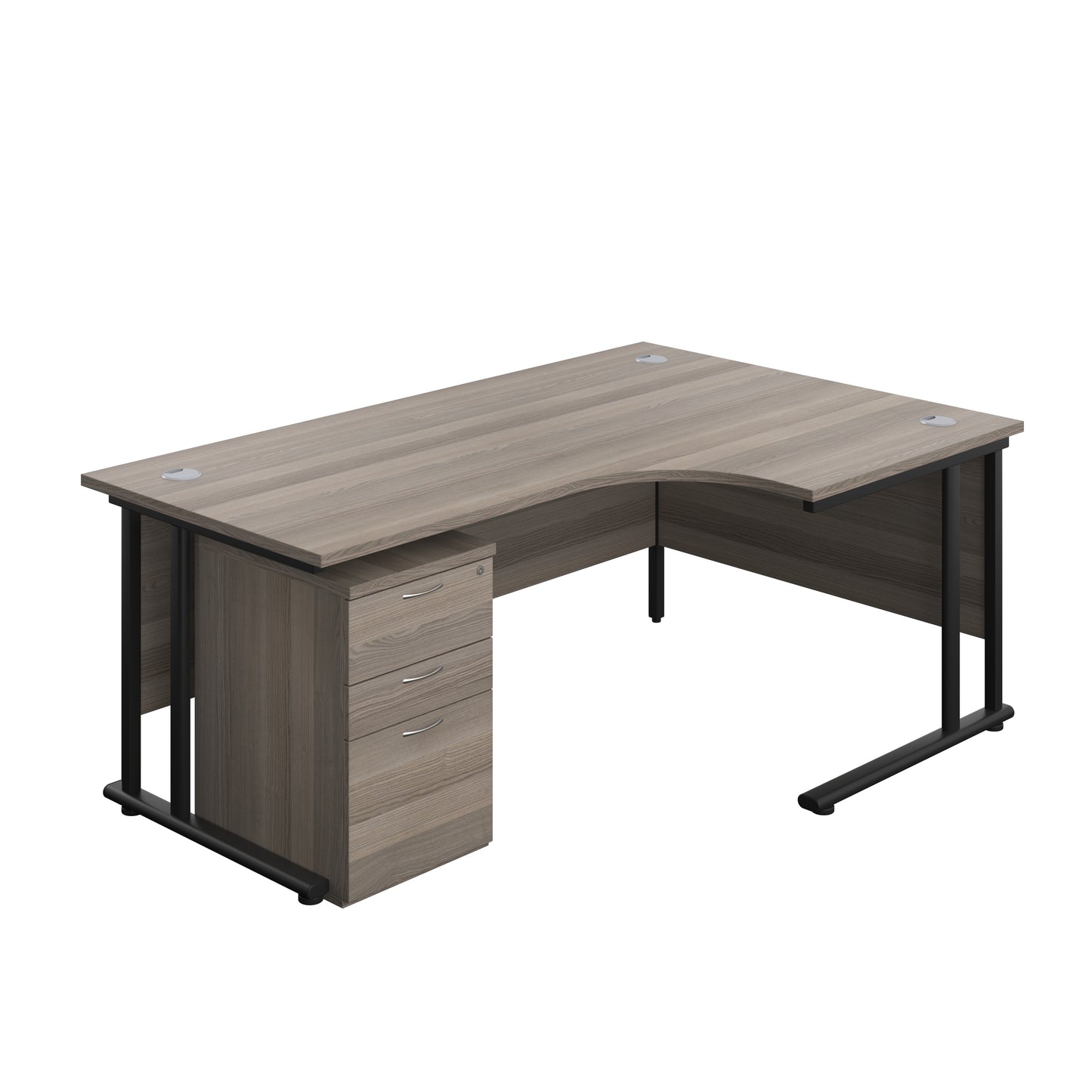 Aztec|Twin Upright|Right Hand|Radial Desk and High Mobile Pedestal 3 Drawer|1800x1200|Grey Oak-Black