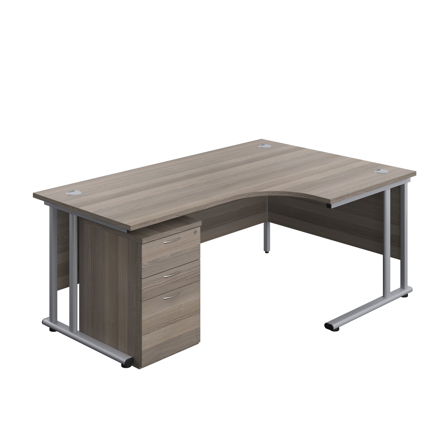 Aztec|Twin Upright|Right Hand|Radial Desk and High Mobile Pedestal 3 Drawer|1800x1200|Grey Oak-Silver