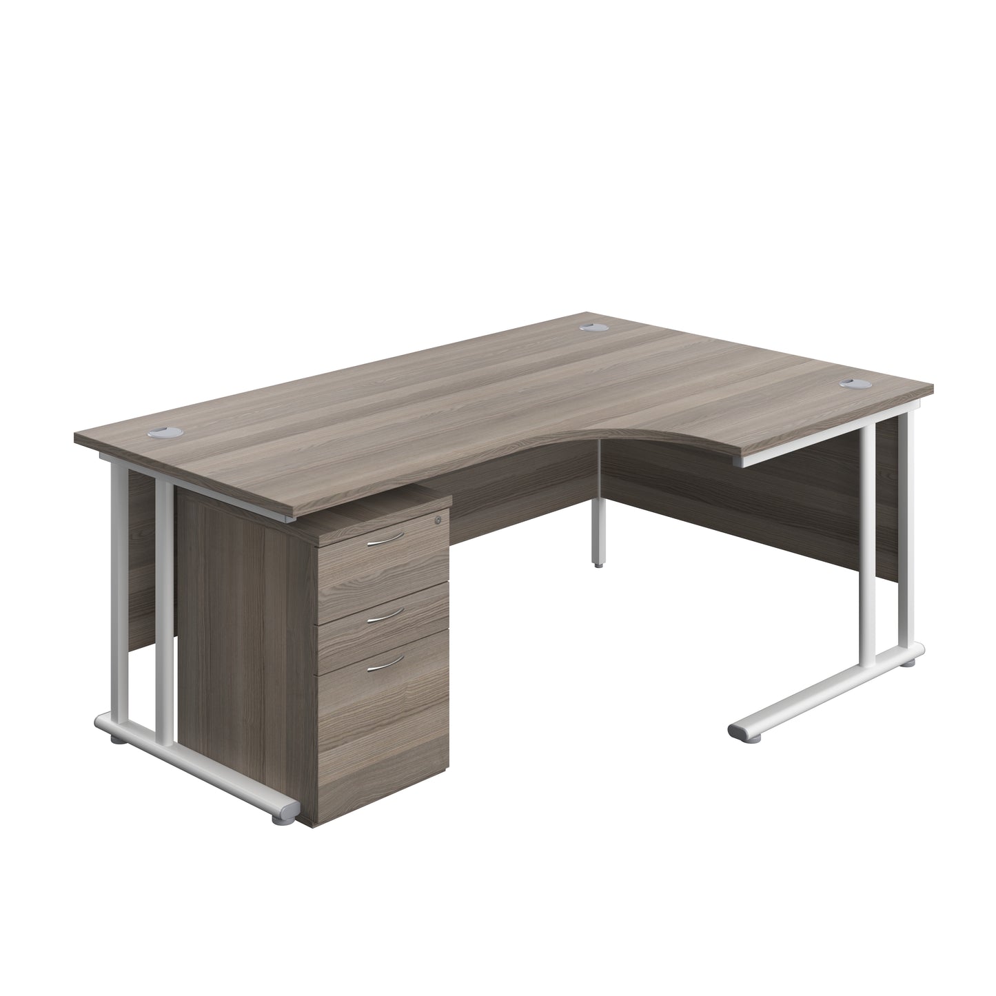Aztec|Twin Upright|Right Hand|Radial Desk and High Mobile Pedestal 3 Drawer|1800x1200|Grey Oak-White