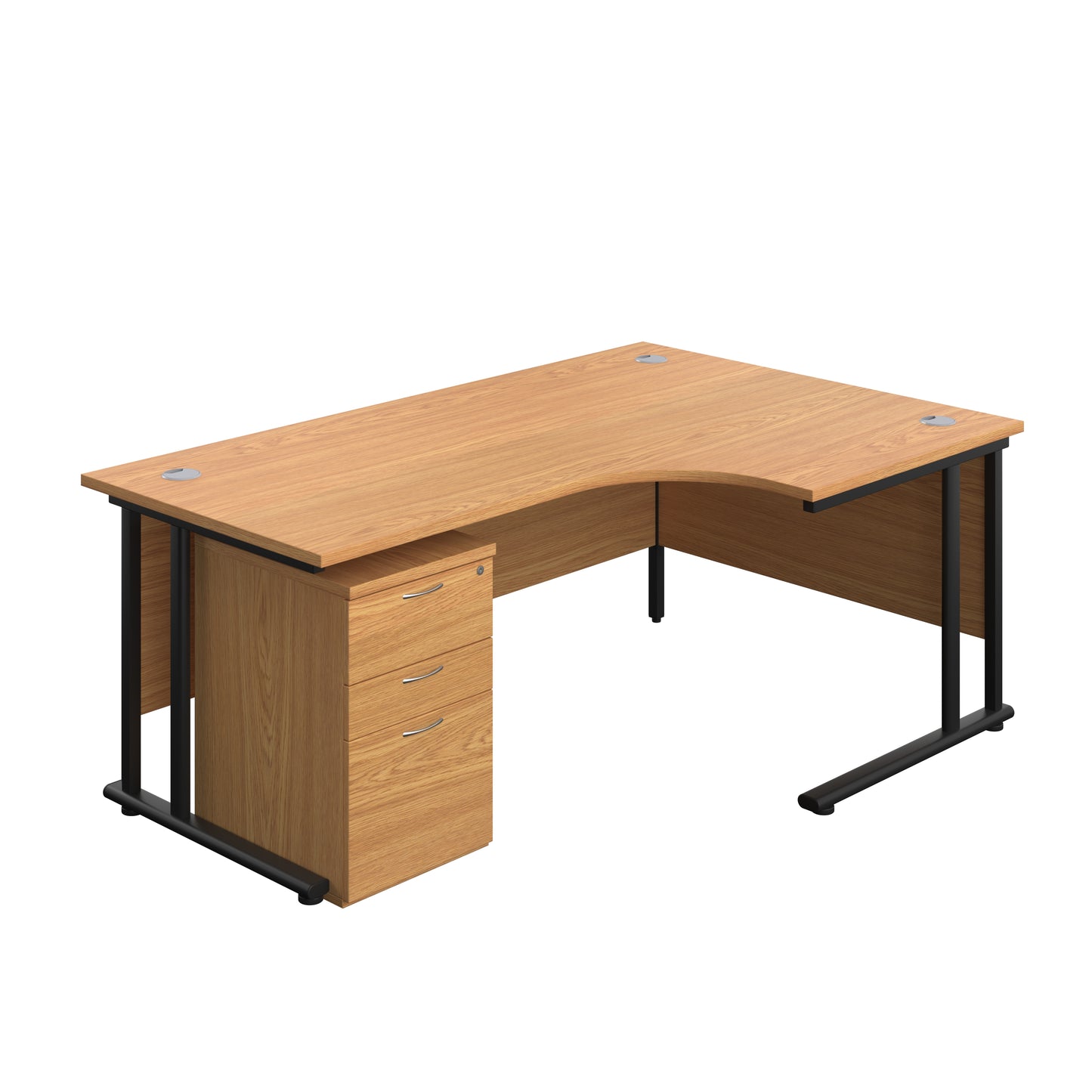 Aztec|Twin Upright|Right Hand|Radial Desk and High Mobile Pedestal 3 Drawer|1800x1200|Nova Oak-Black
