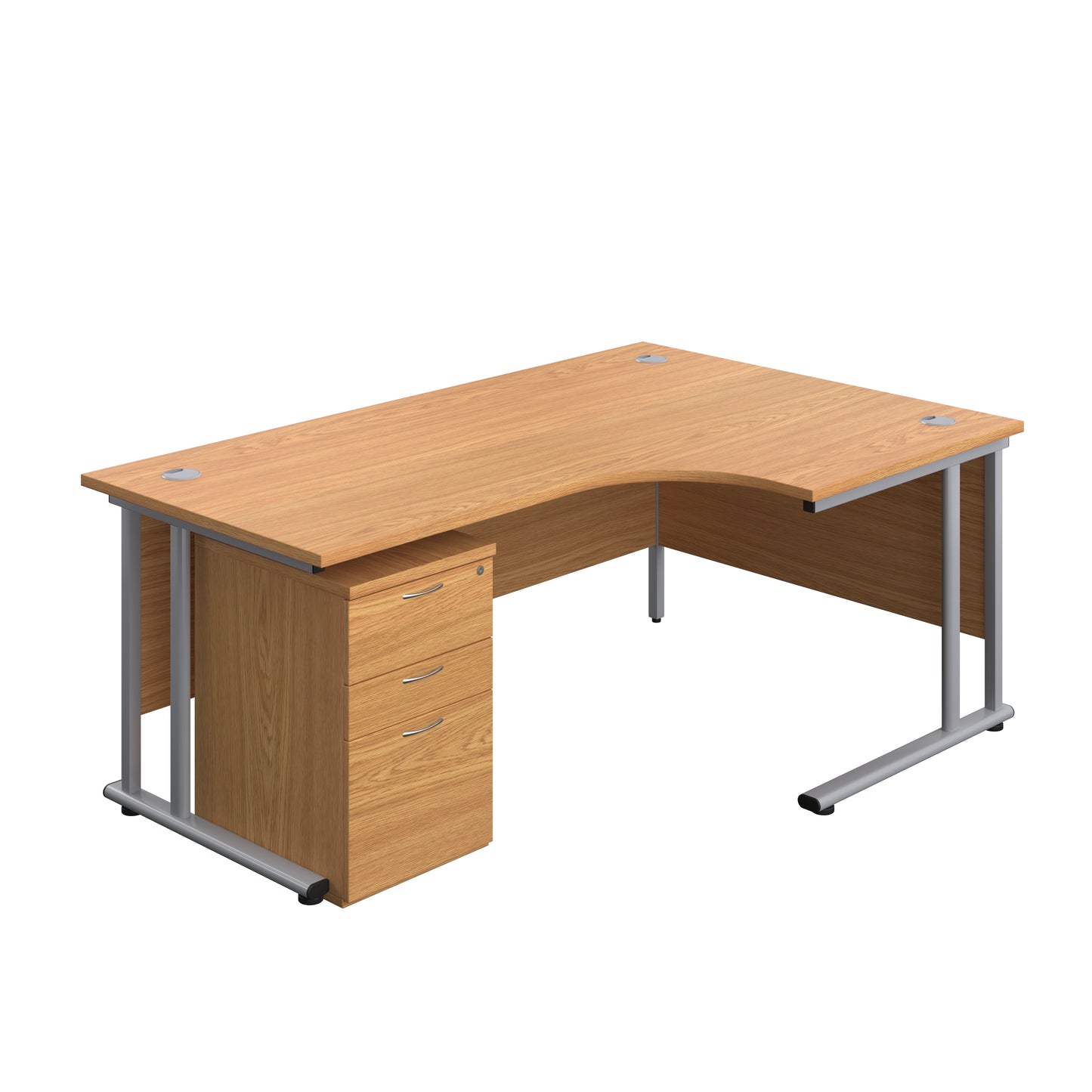 Aztec|Twin Upright|Right Hand|Radial Desk and High Mobile Pedestal 3 Drawer|1800x1200|Nova Oak-Silver