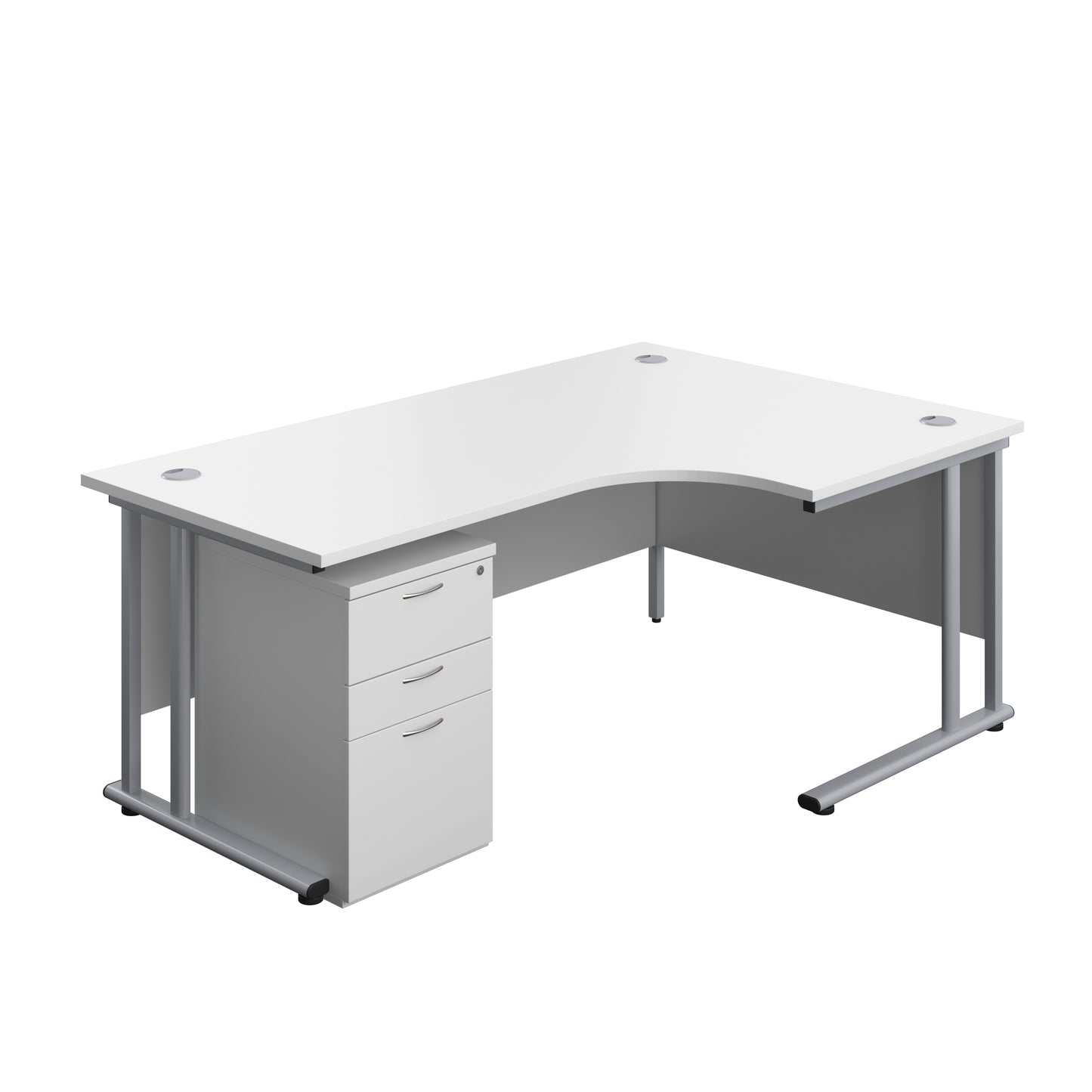 Aztec|Twin Upright|Right Hand|Radial Desk and High Mobile Pedestal 3 Drawer|1800x1200|White-Silver