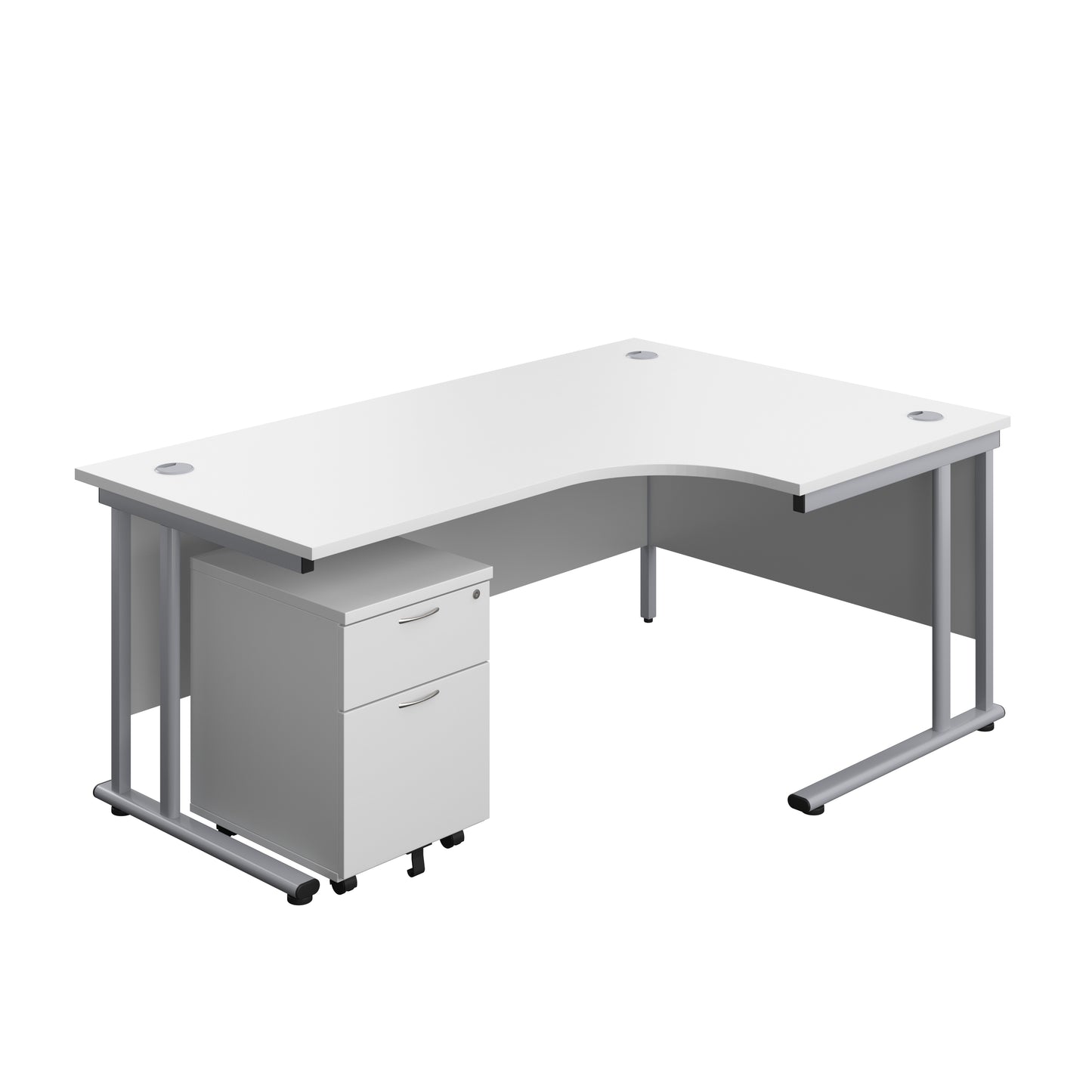 Aztec|Twin Upright|Right Hand|Radial Desk and Mobile 2 Drawer Pedestal|1800x1200|White-Silver