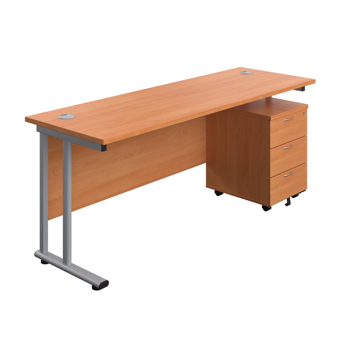 Aztec|Twin Upright|Rectangular|Desk with Mobile 3 Drawer Pedestal|1800x600|Beech-Silver