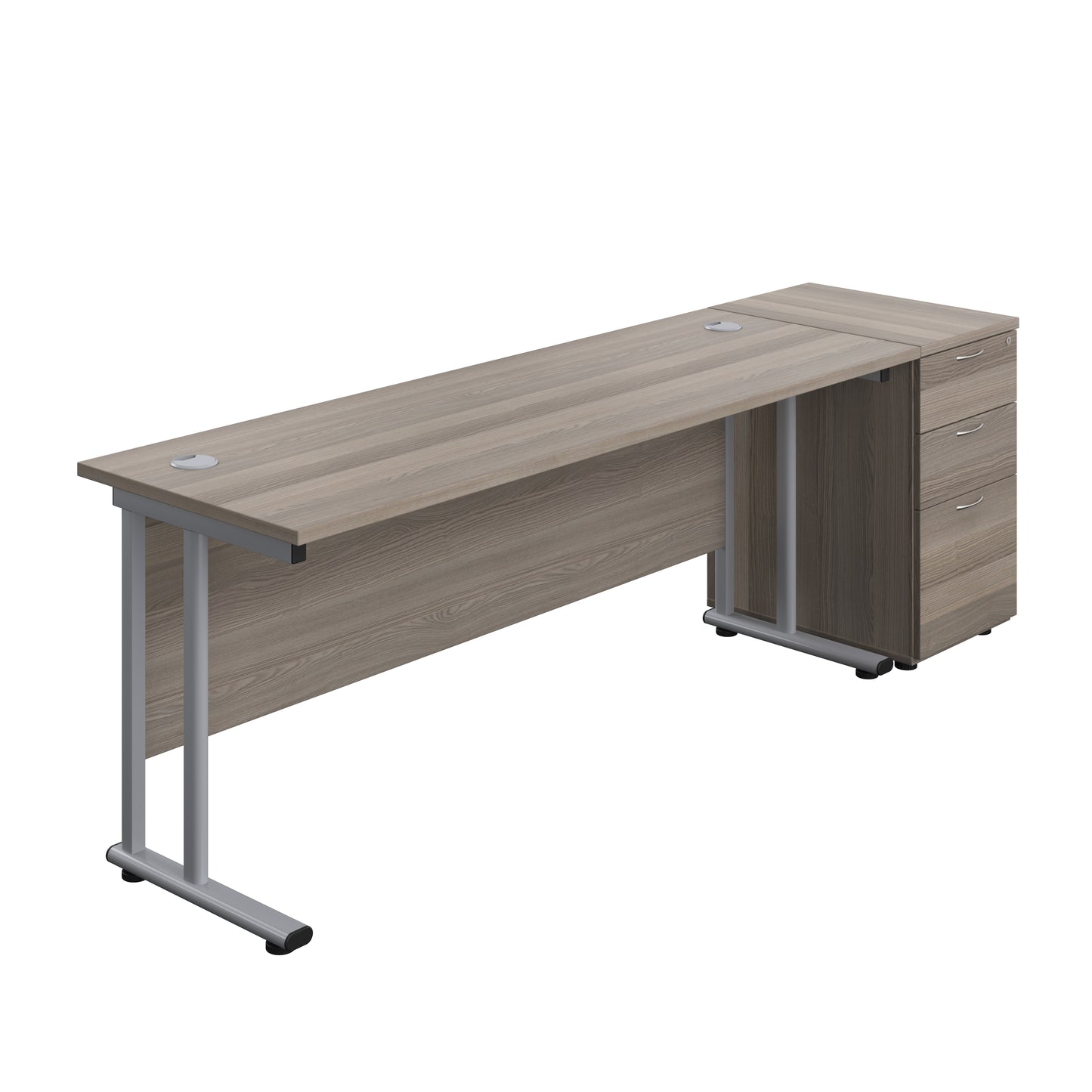Aztec|Twin Upright|Rectangular|Desk with Desk High 3 Drawer Pedestal|1800x600|Grey Oak-Silver