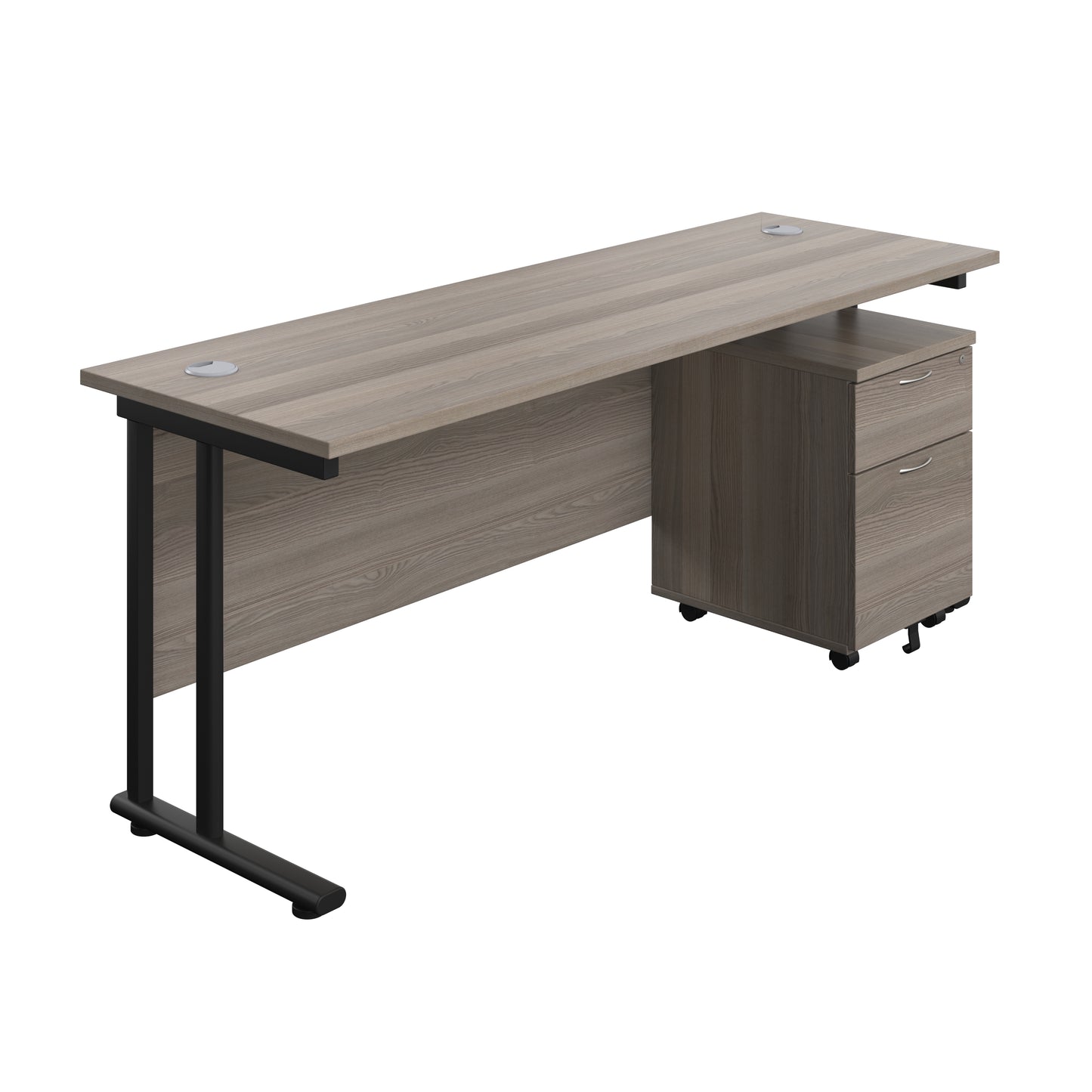 Aztec|Twin Upright|Rectangular|Desk with Mobile 2 Drawer Pedestal|1800x600|Grey Oak-Black